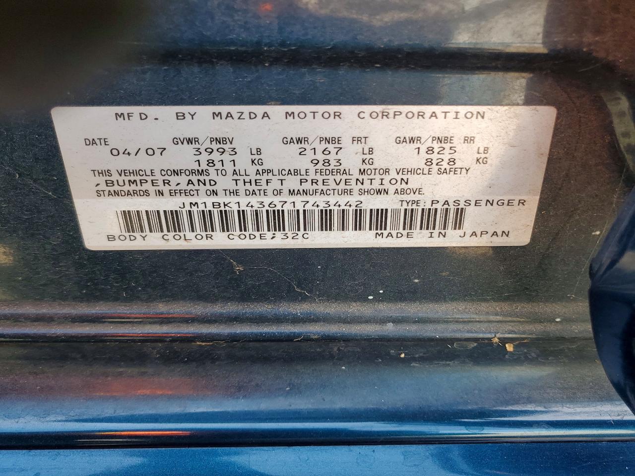 2007 Mazda 3 Hatchback Blue vin: JM1BK143671743442
