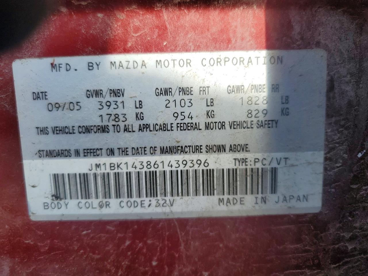 2006 Mazda 3 Hatchback Burgundy vin: JM1BK143861439396