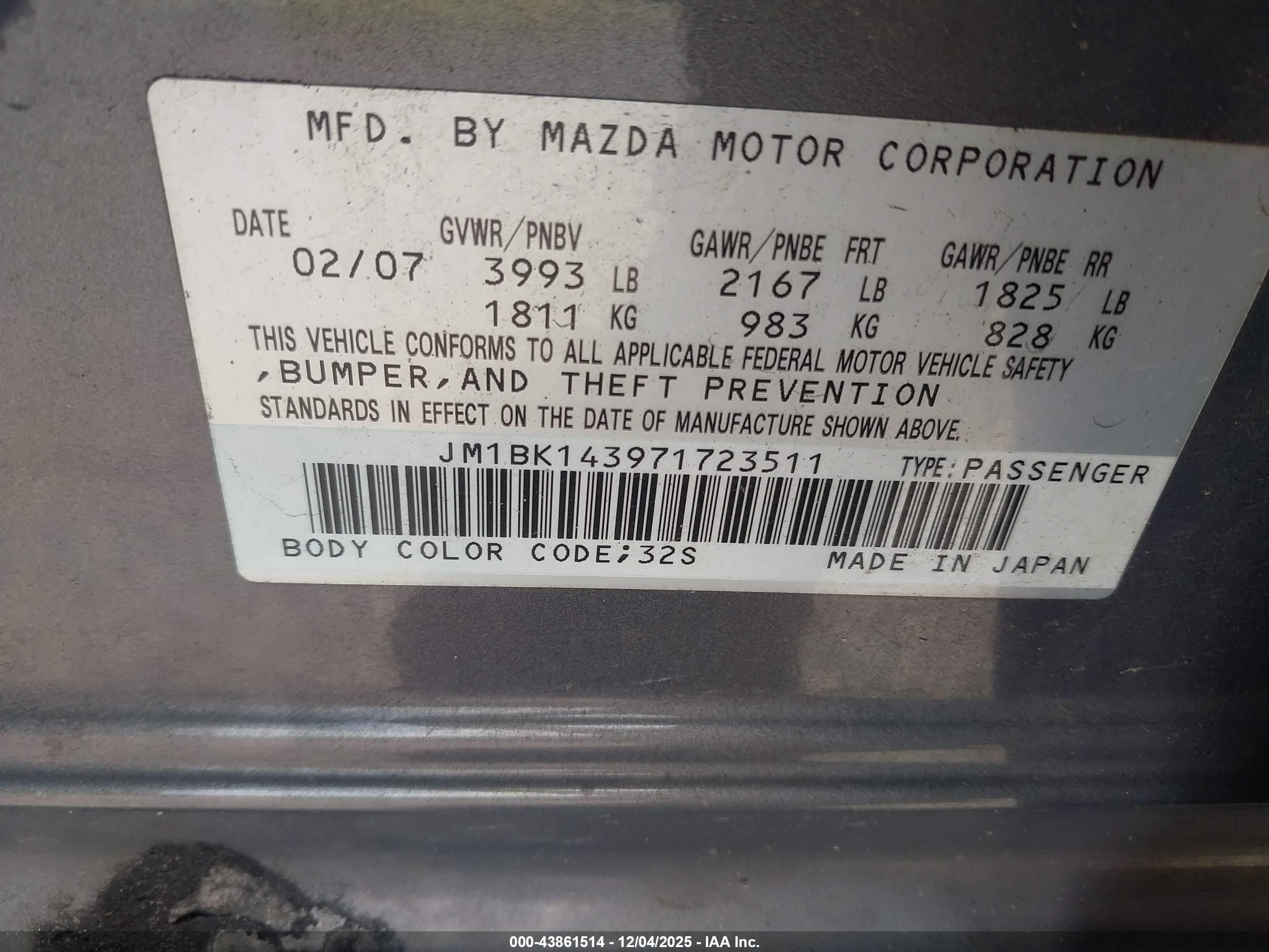 2007 Mazda Mazda3 S Sport Gray vin: JM1BK143971723511