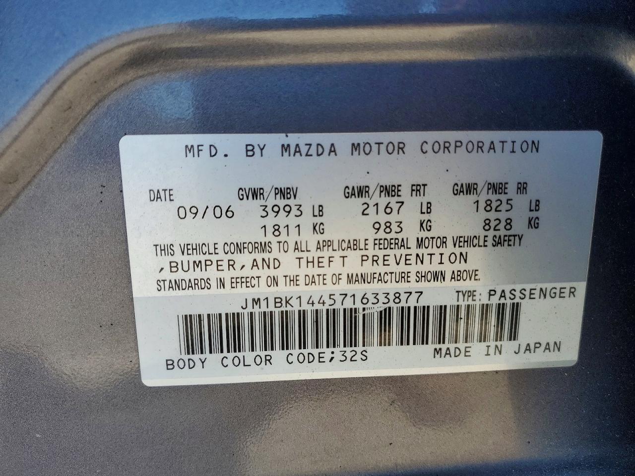 2007 Mazda 3 Hatchback Blue vin: JM1BK144571633877