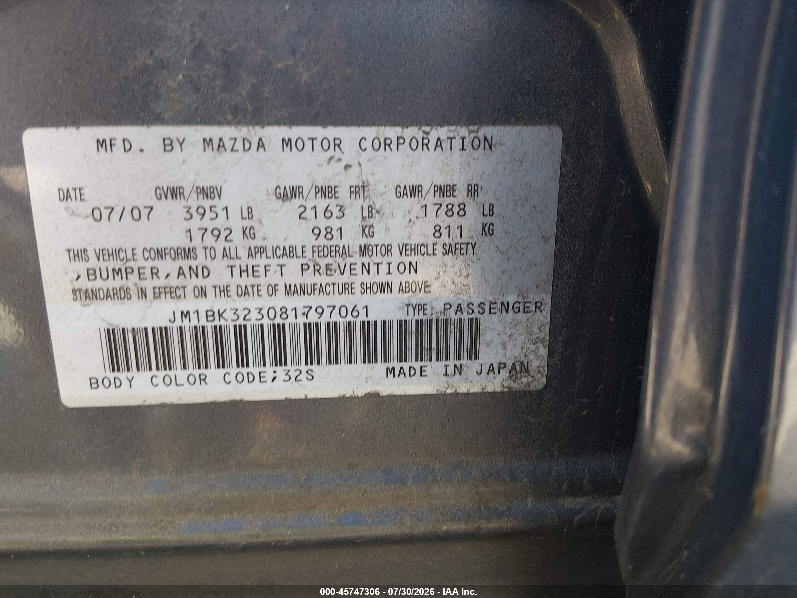 2008 Mazda Mazda3 S Sport Light Blue vin: JM1BK323081797061