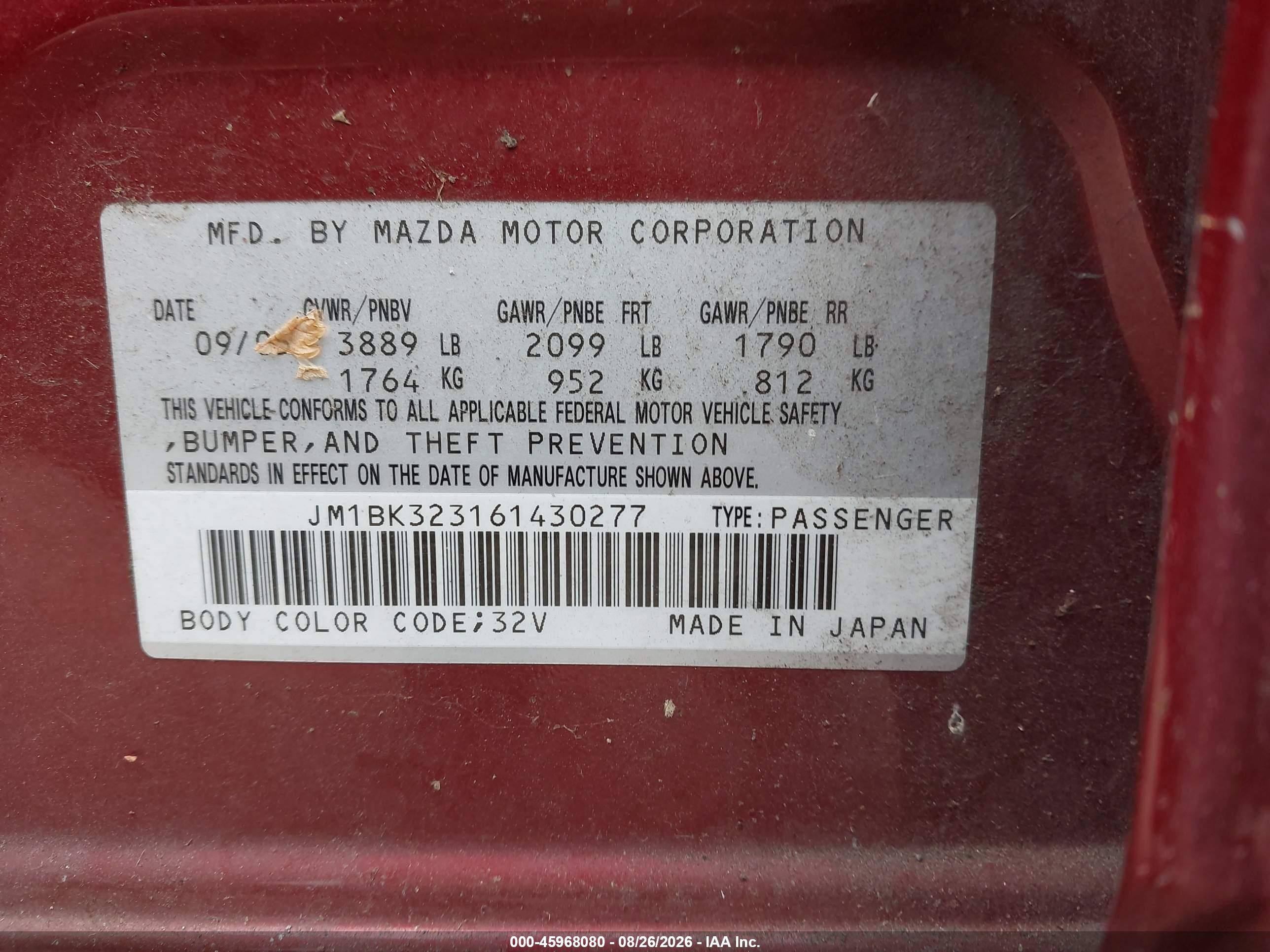 2006 Mazda Mazda3 S Red vin: JM1BK323161430277