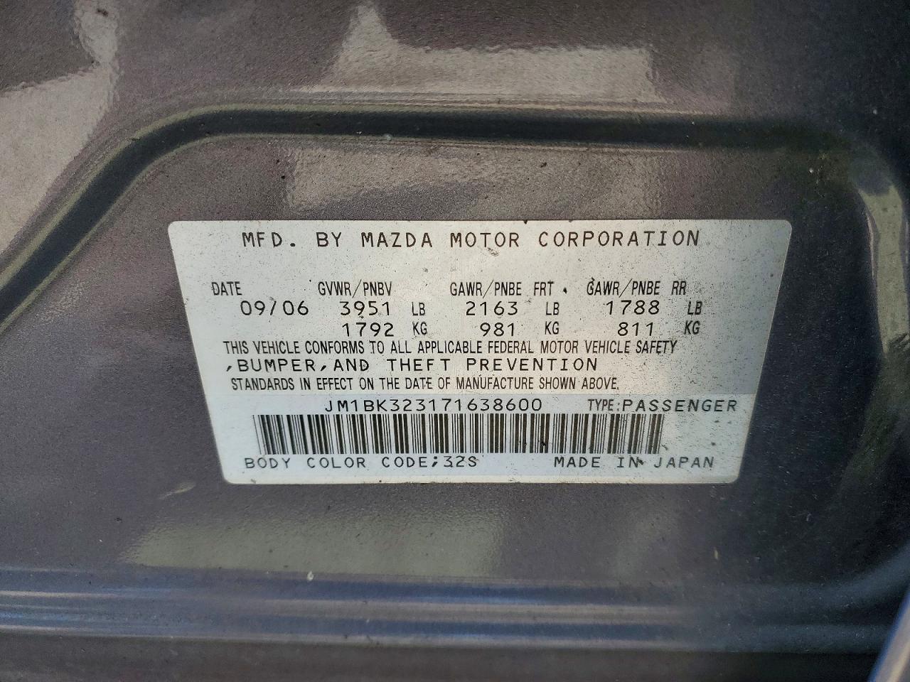 2007 Mazda 3 S Gray vin: JM1BK323171638600