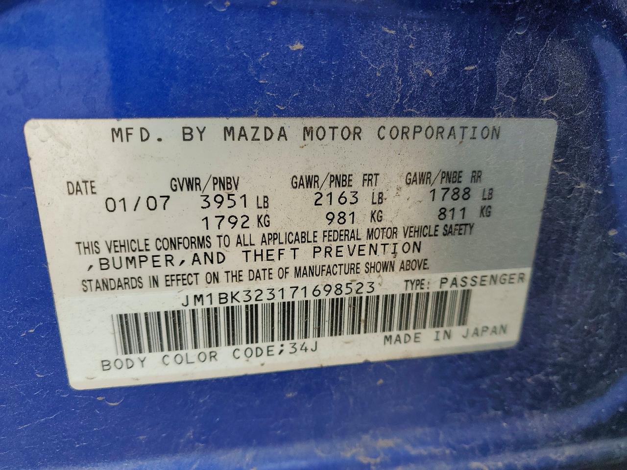 2007 Mazda 3 S Blue vin: JM1BK323171698523