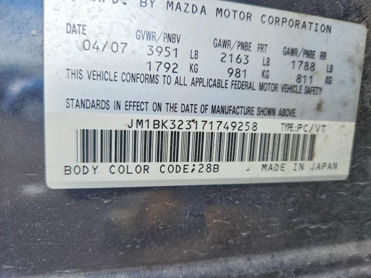 2007 Mazda 3 S Charcoal vin: JM1BK323171749258