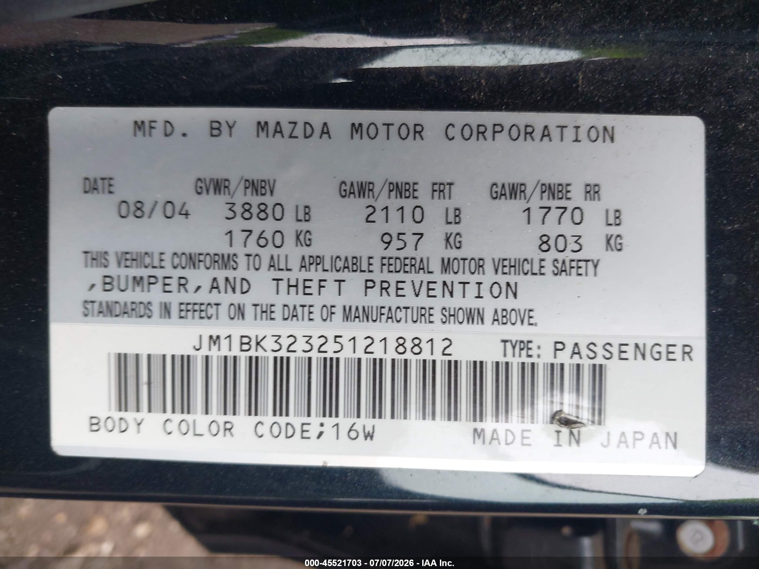 2005 Mazda Mazda3 S Black vin: JM1BK323251218812