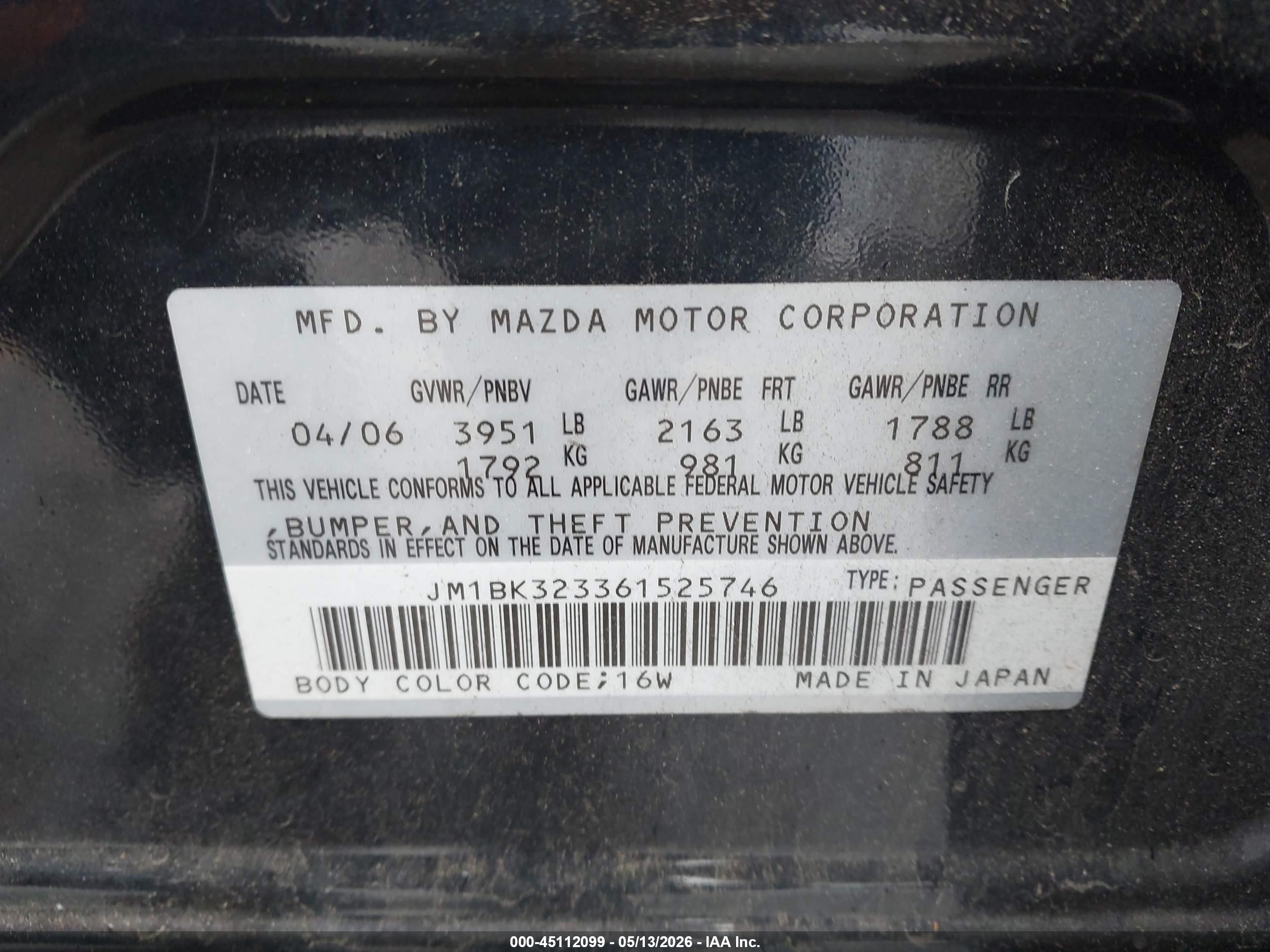 2006 Mazda Mazda3 S Touring Black vin: JM1BK323361525746