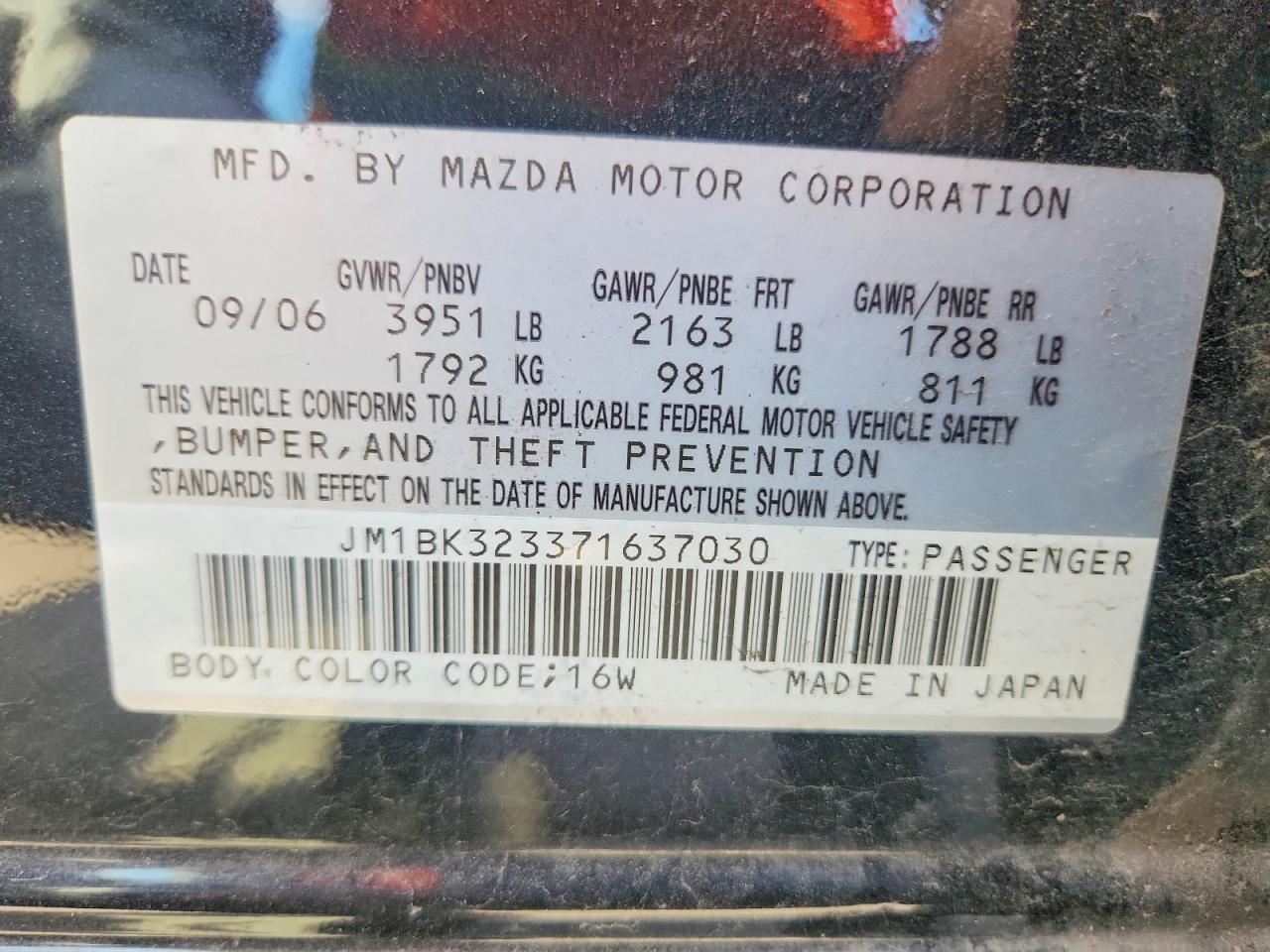 2007 Mazda 3 S Black vin: JM1BK323371637030