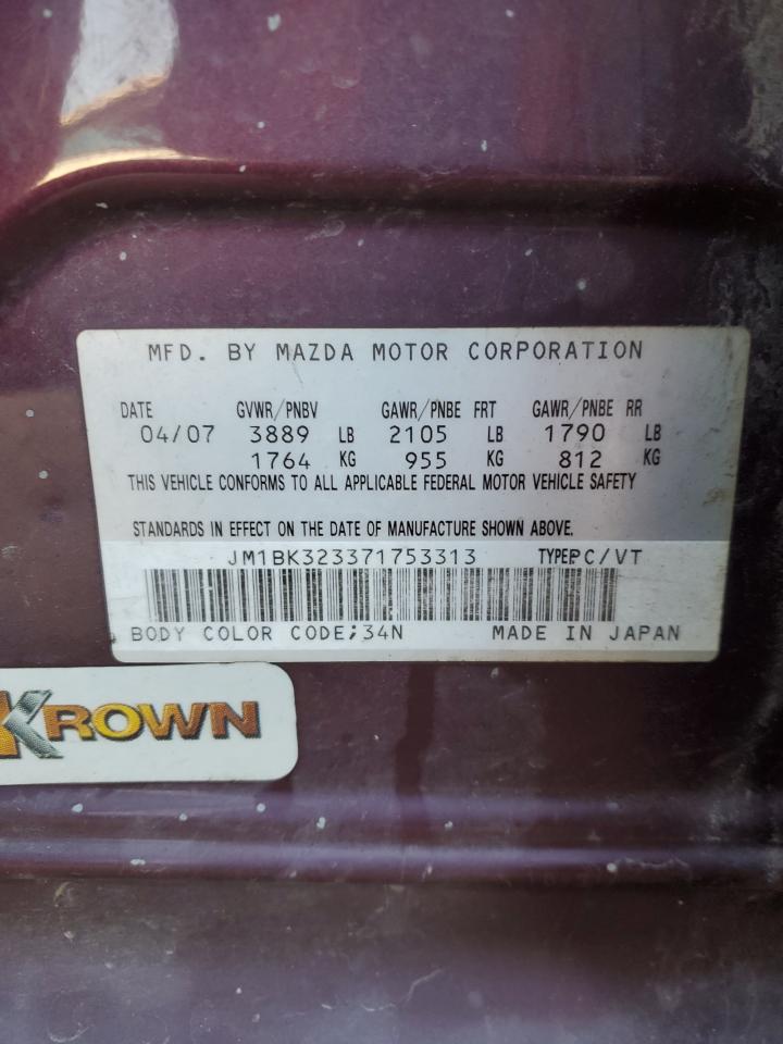 2007 Mazda 3 S Purple vin: JM1BK323371753313