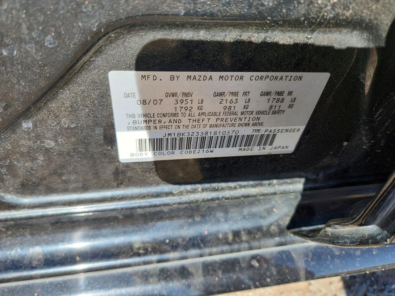 2008 Mazda 3 S Black vin: JM1BK323381810370