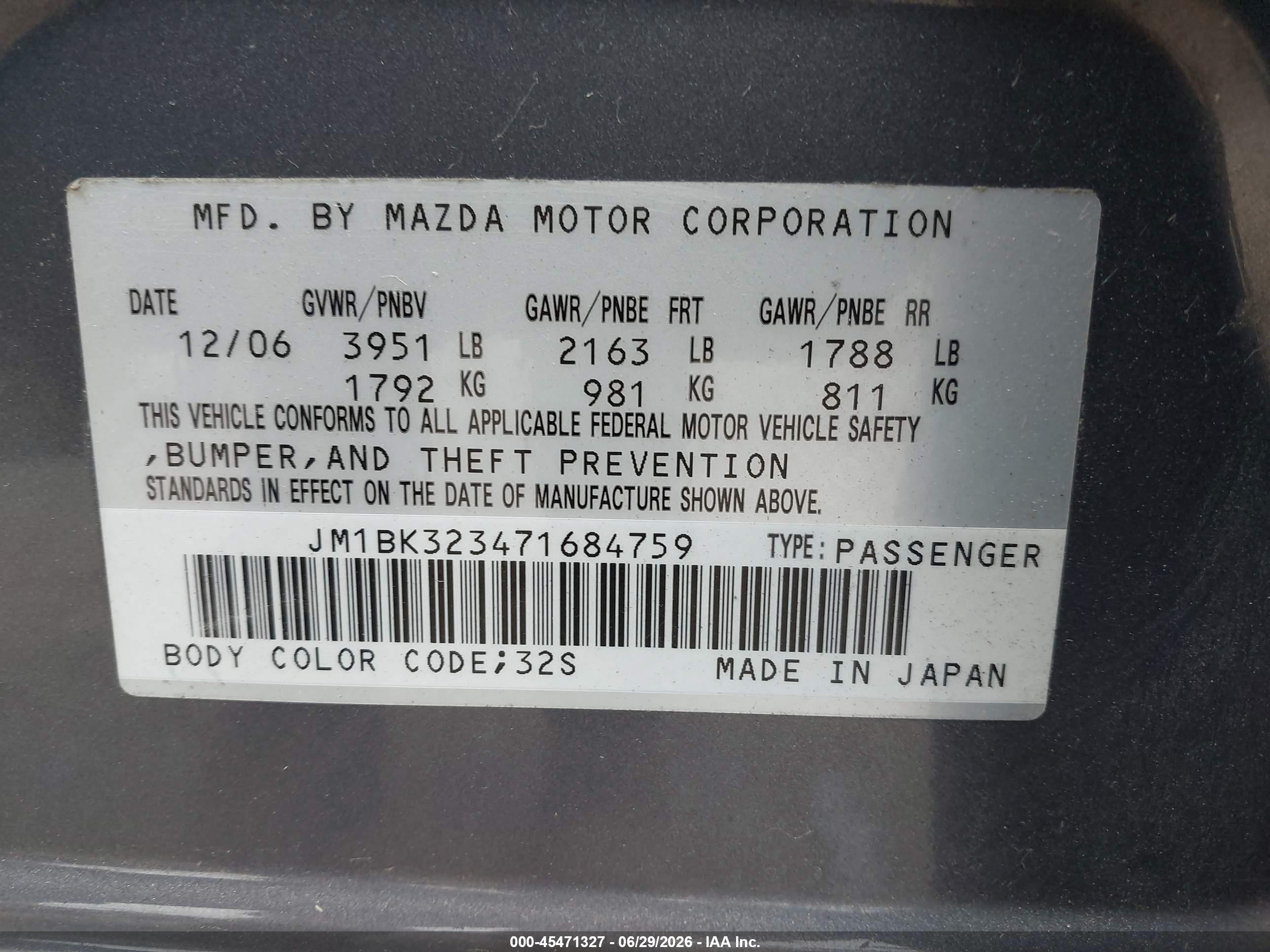 2007 Mazda Mazda3 S Touring Gray vin: JM1BK323471684759