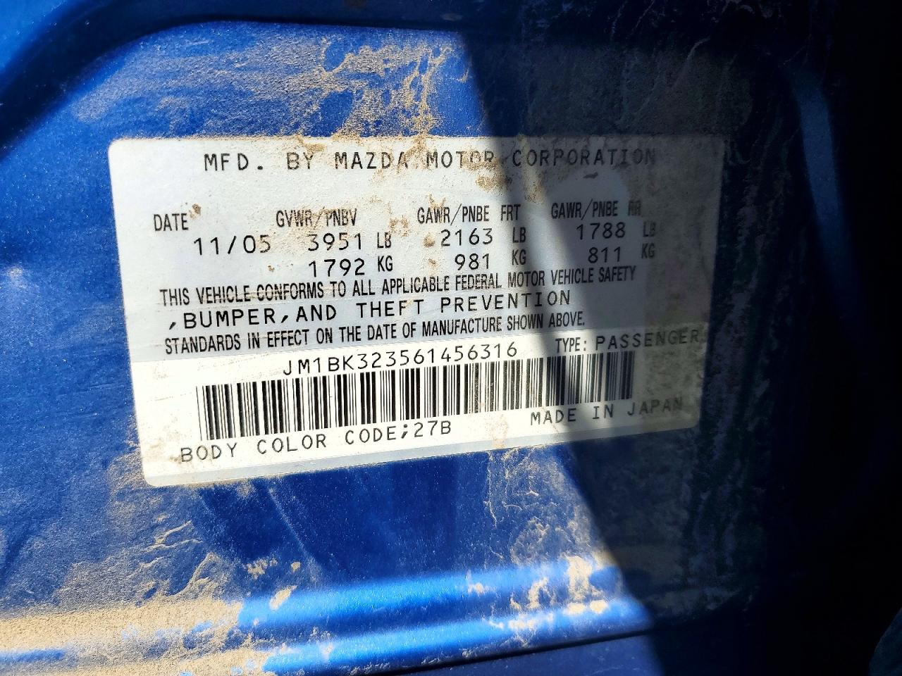 2006 Mazda 3 S Blue vin: JM1BK323561456316