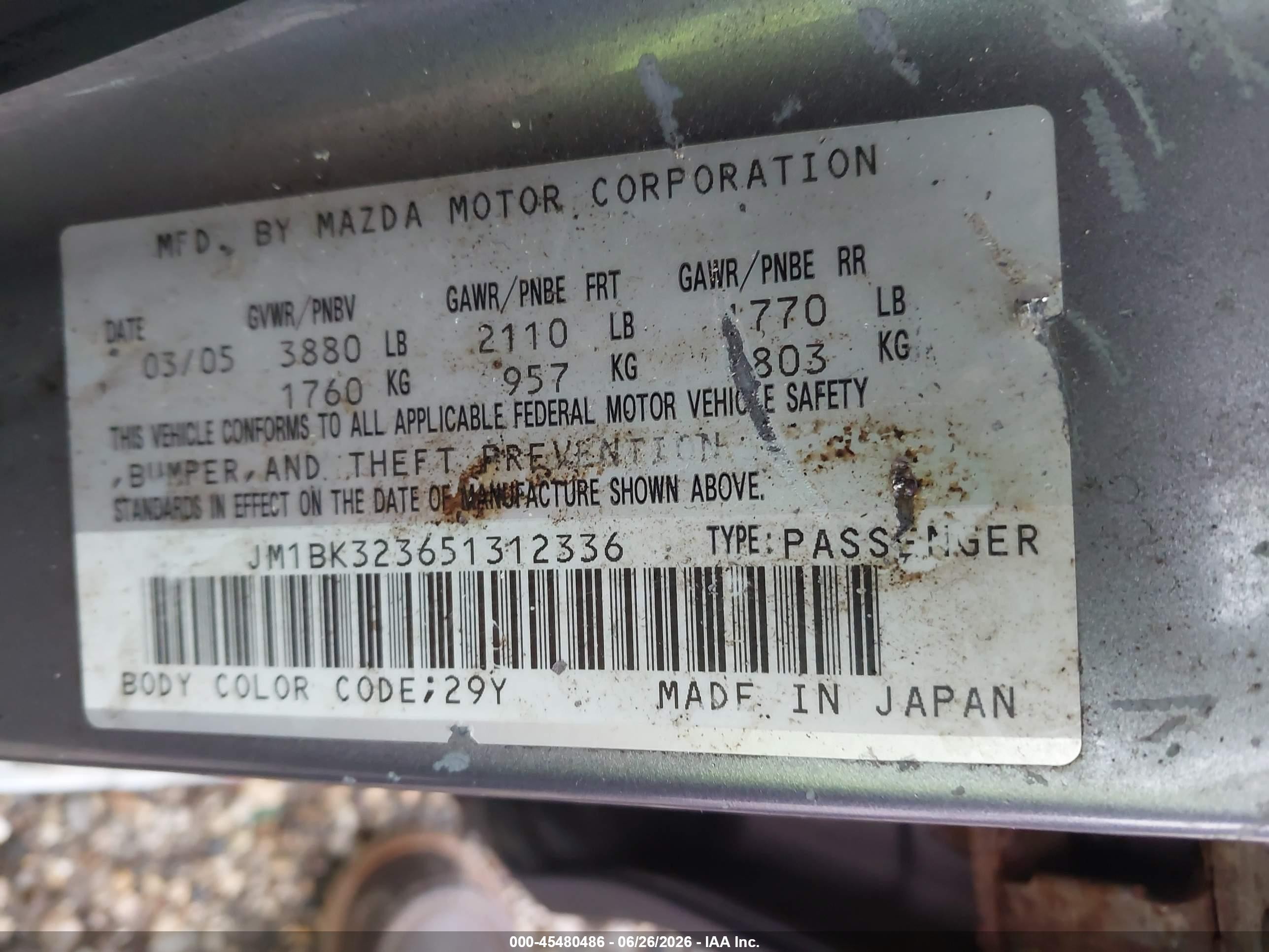 2005 Mazda Mazda3 S Gray vin: JM1BK323651312336