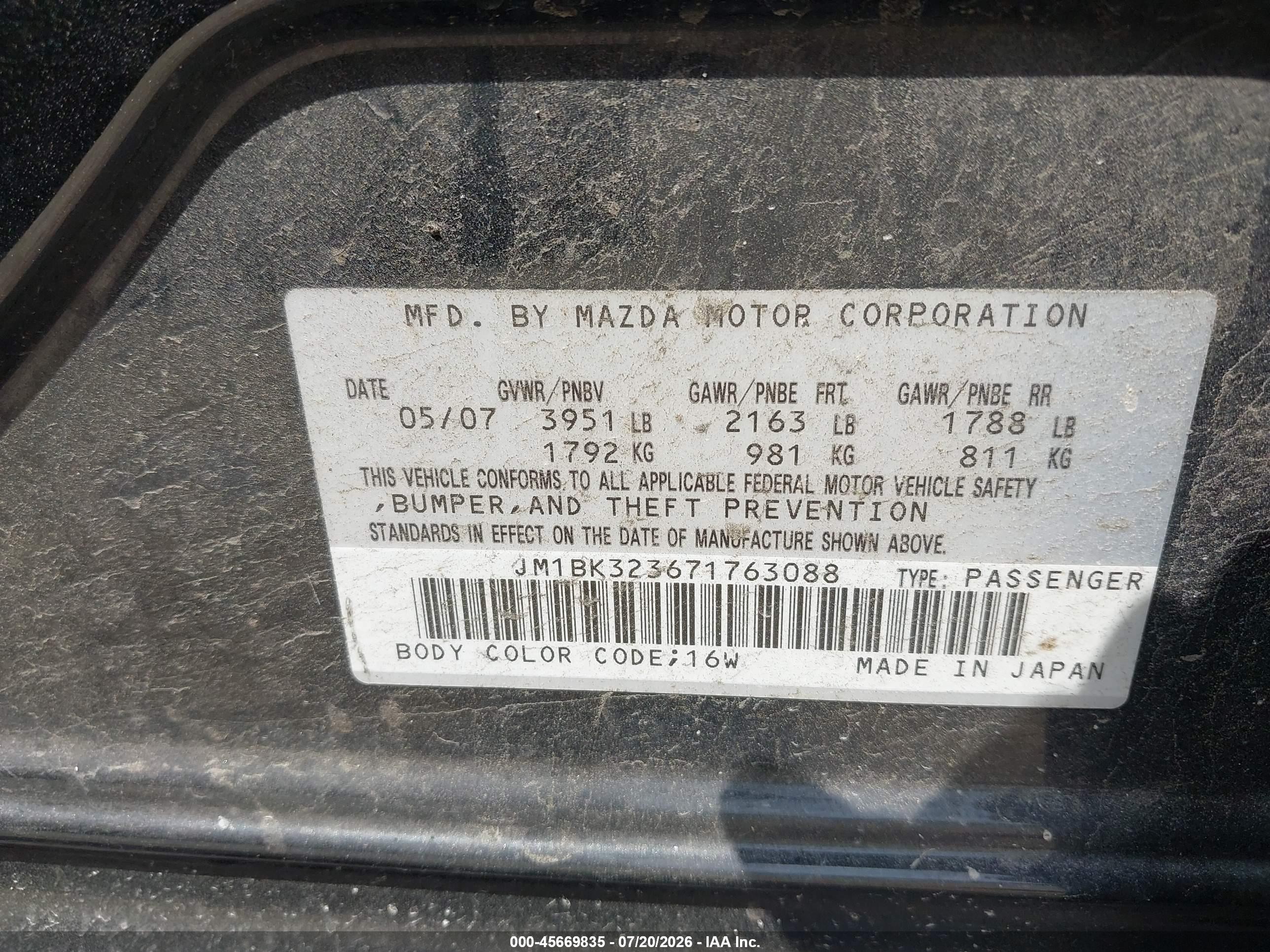 2007 Mazda Mazda3 S Grand Touring Черный vin: JM1BK323671763088