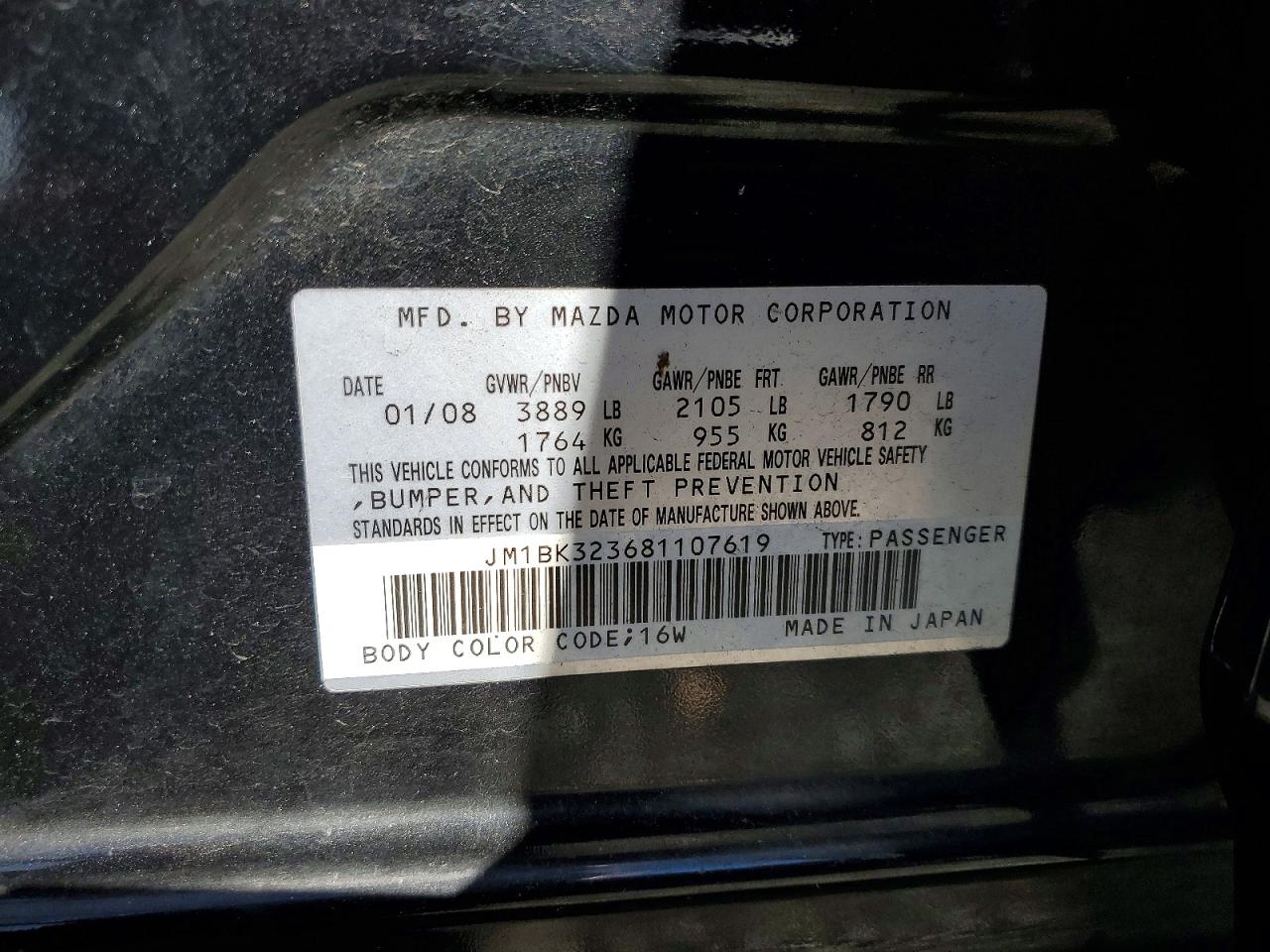 2008 Mazda 3 S Black vin: JM1BK323681107619