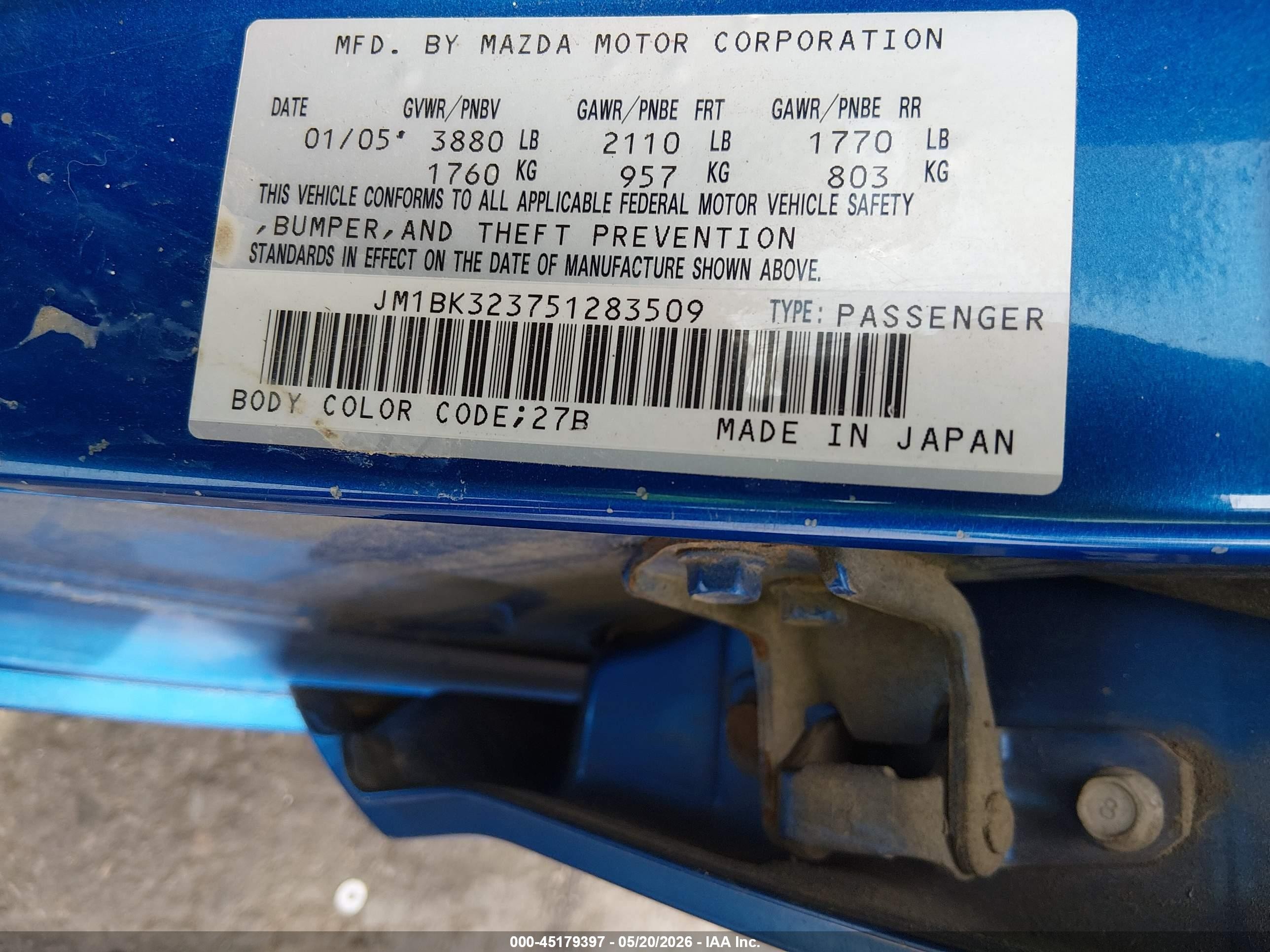 2005 Mazda Mazda3 S Blue vin: JM1BK323751283509