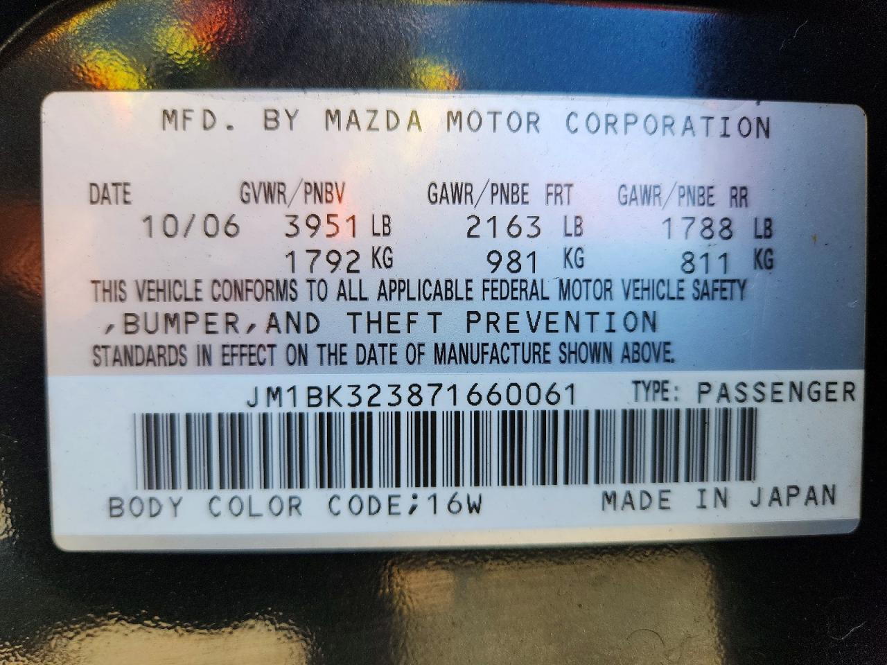 2007 Mazda 3 S Black vin: JM1BK323871660061