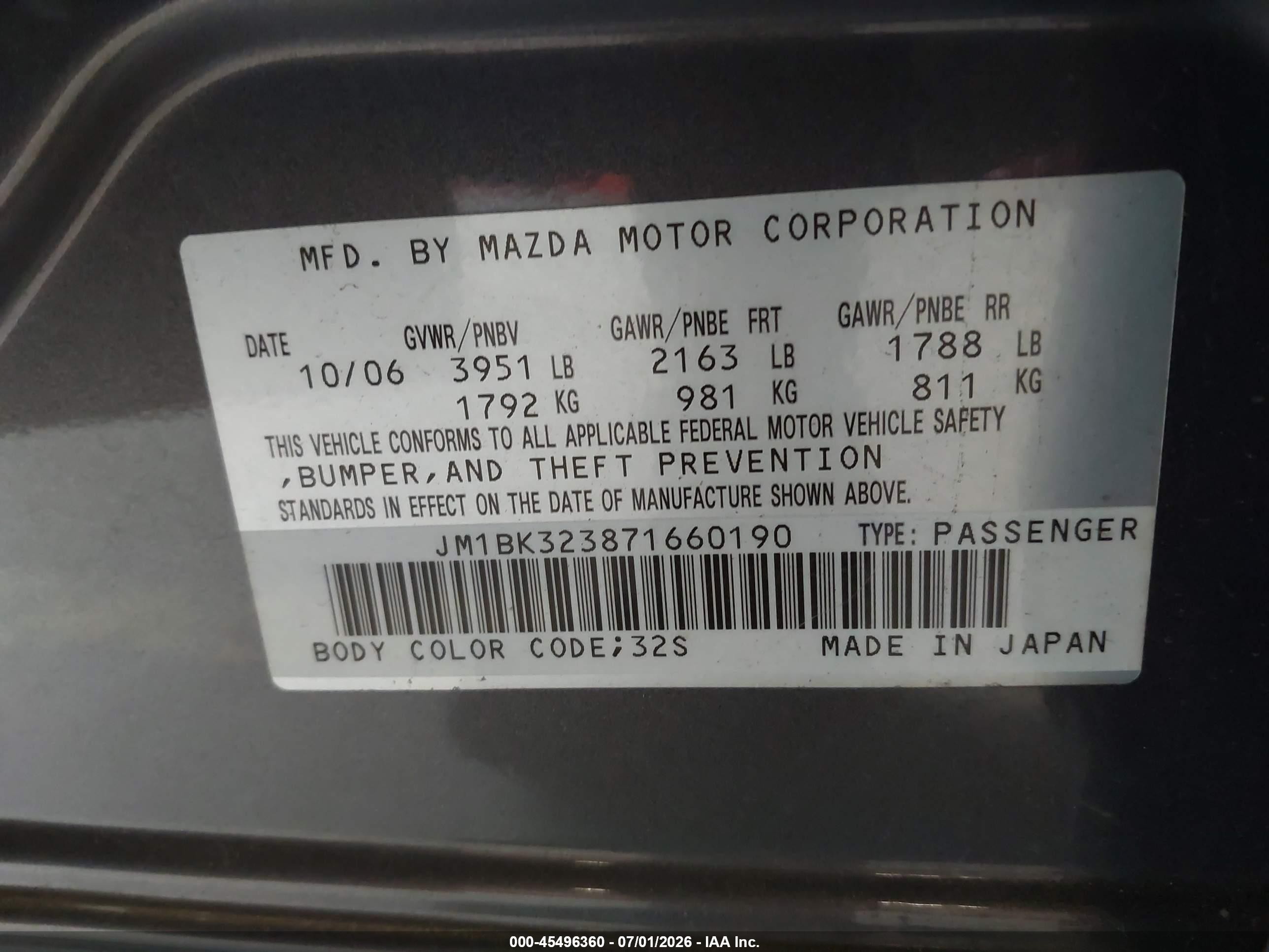2007 Mazda Mazda3 S Touring Gray vin: JM1BK323871660190