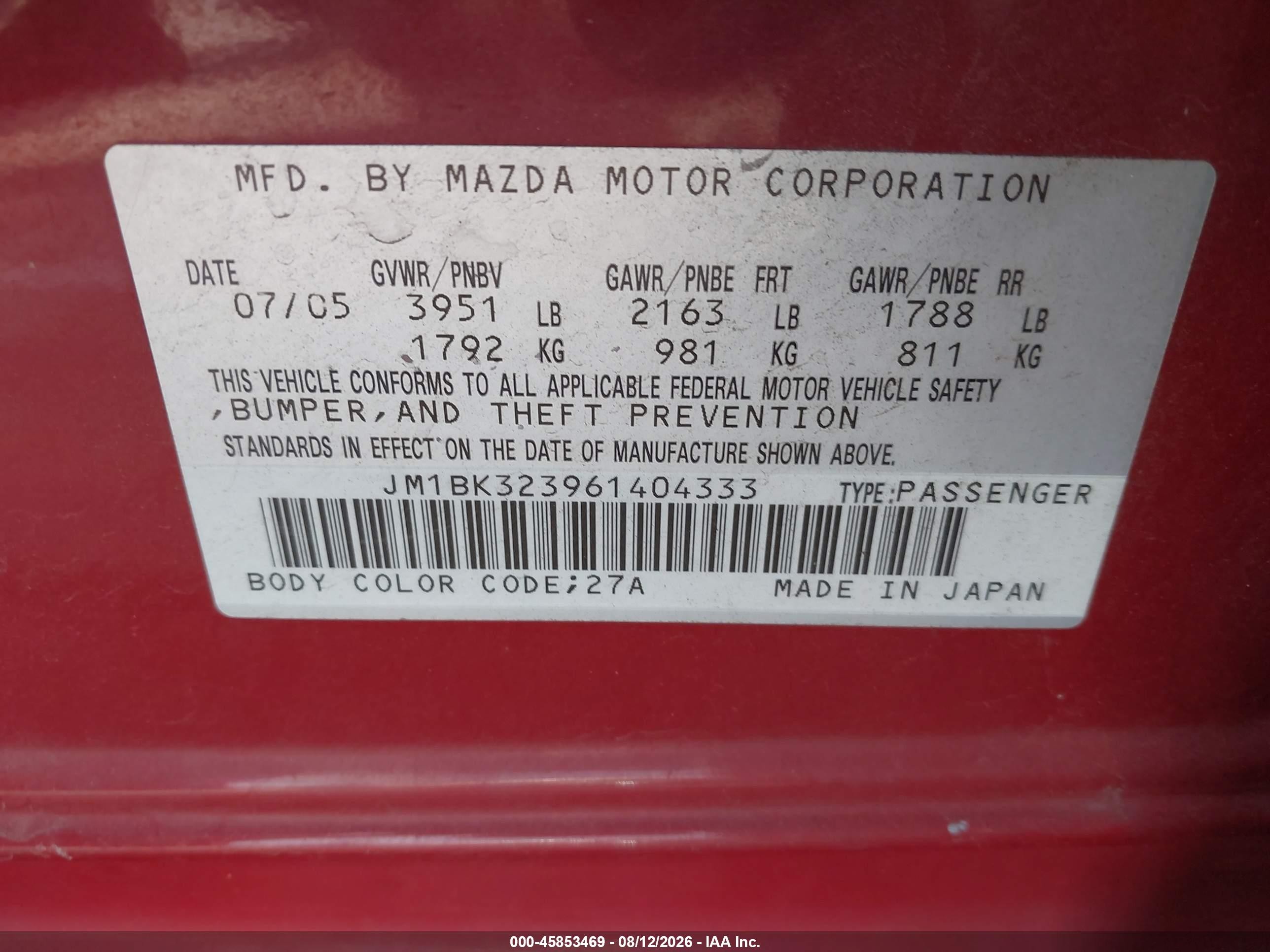 2006 Mazda Mazda3 S Grand Touring Red vin: JM1BK323961404333