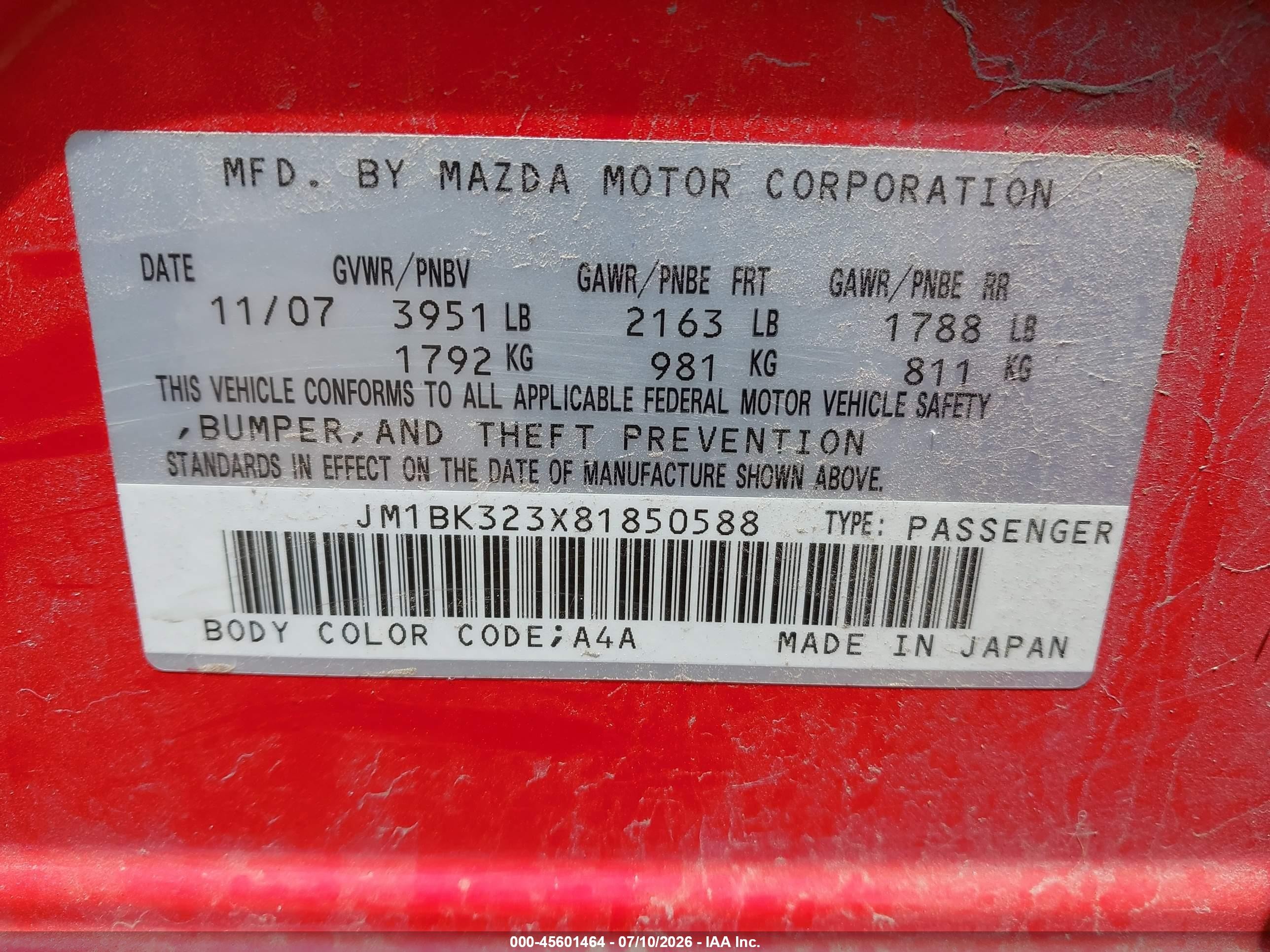 2008 Mazda Mazda3 S Grand Touring Red vin: JM1BK323X81850588