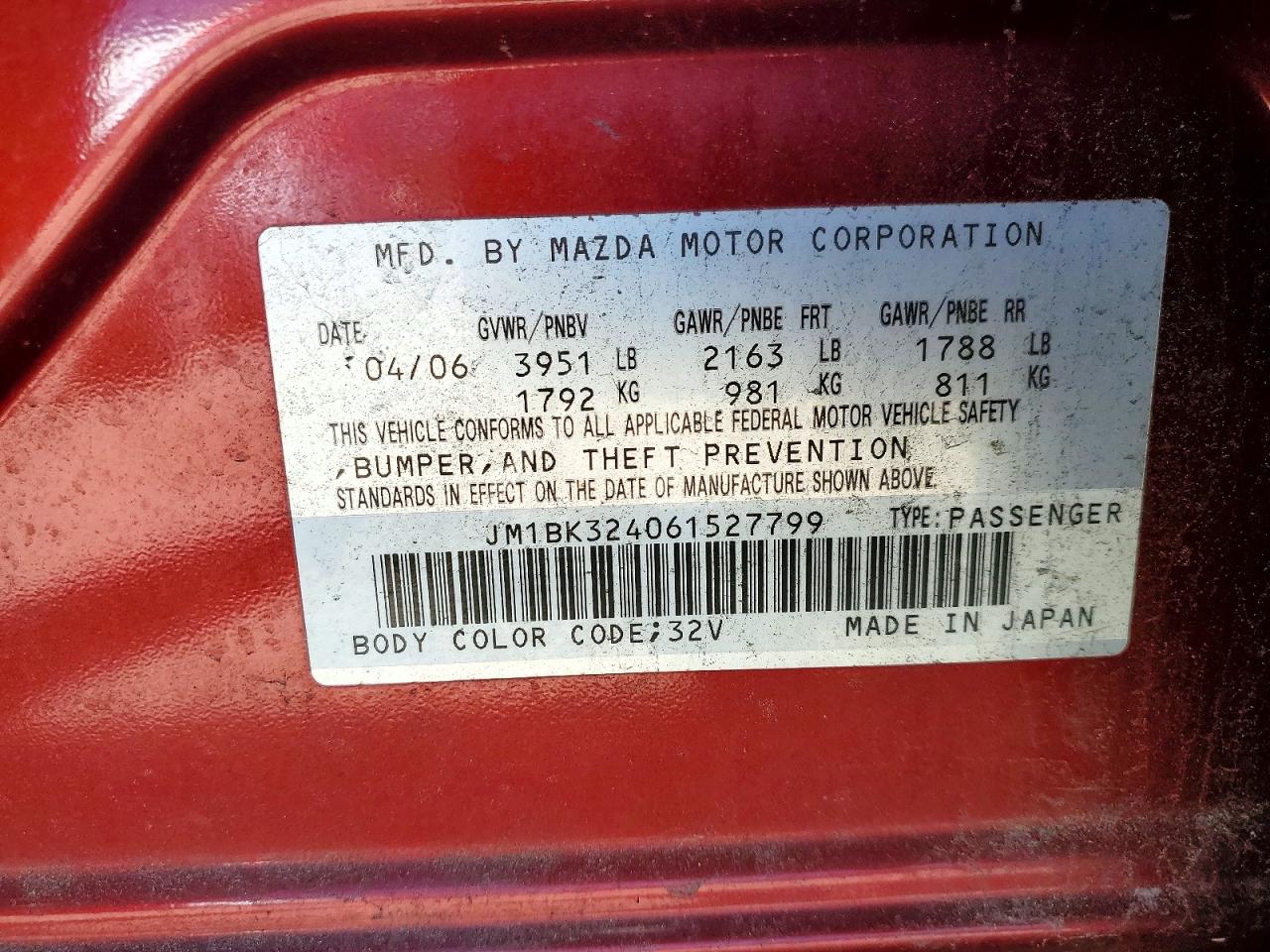 2006 Mazda 3 S Red vin: JM1BK324061527799