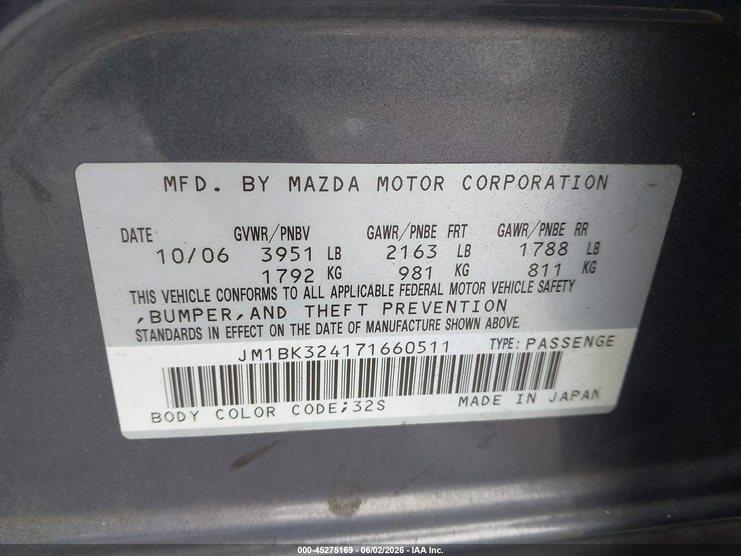 2007 Mazda Mazda3 S Sport Gray vin: JM1BK324171660511