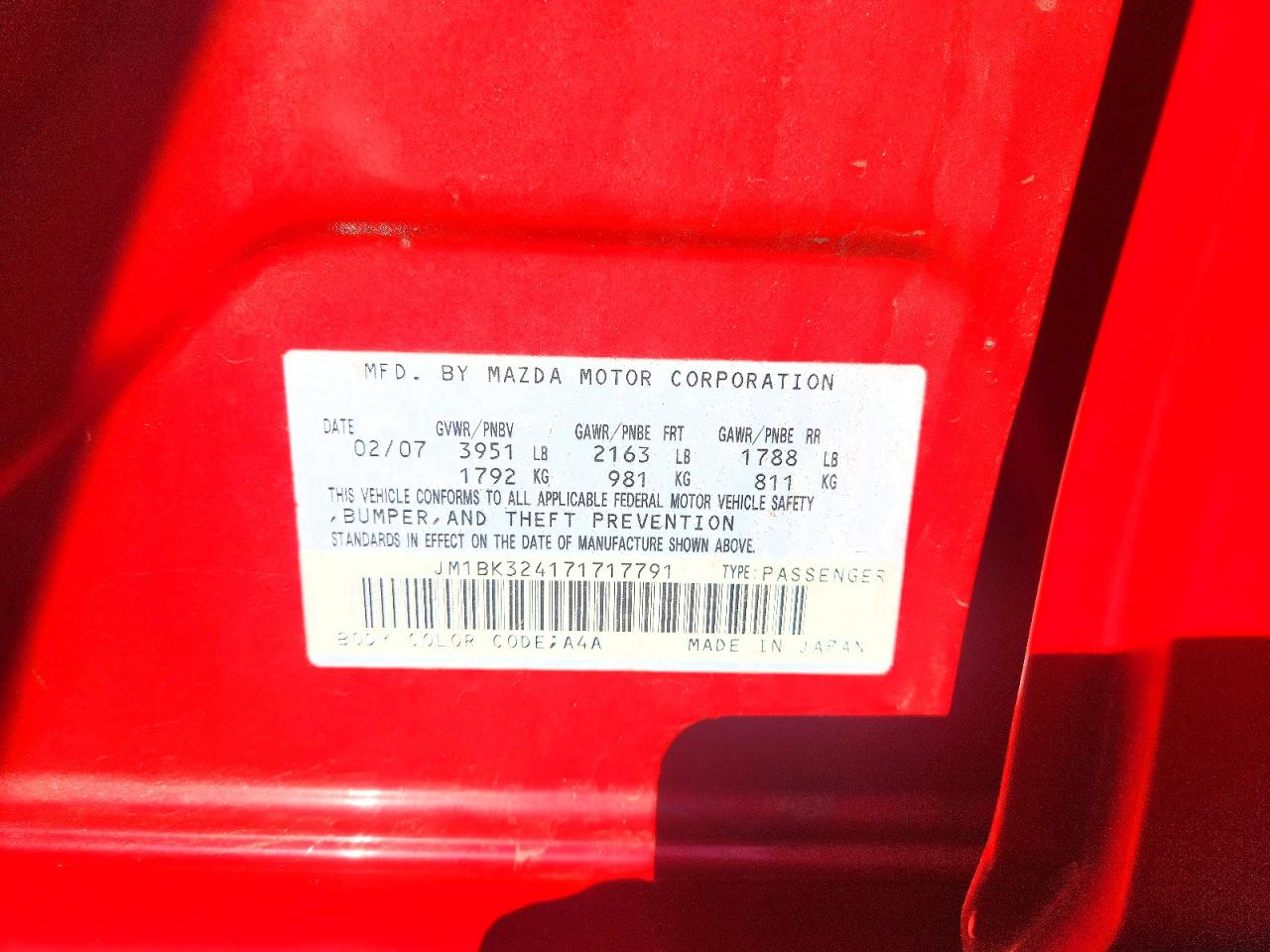 2007 Mazda 3 S Red vin: JM1BK324171717791
