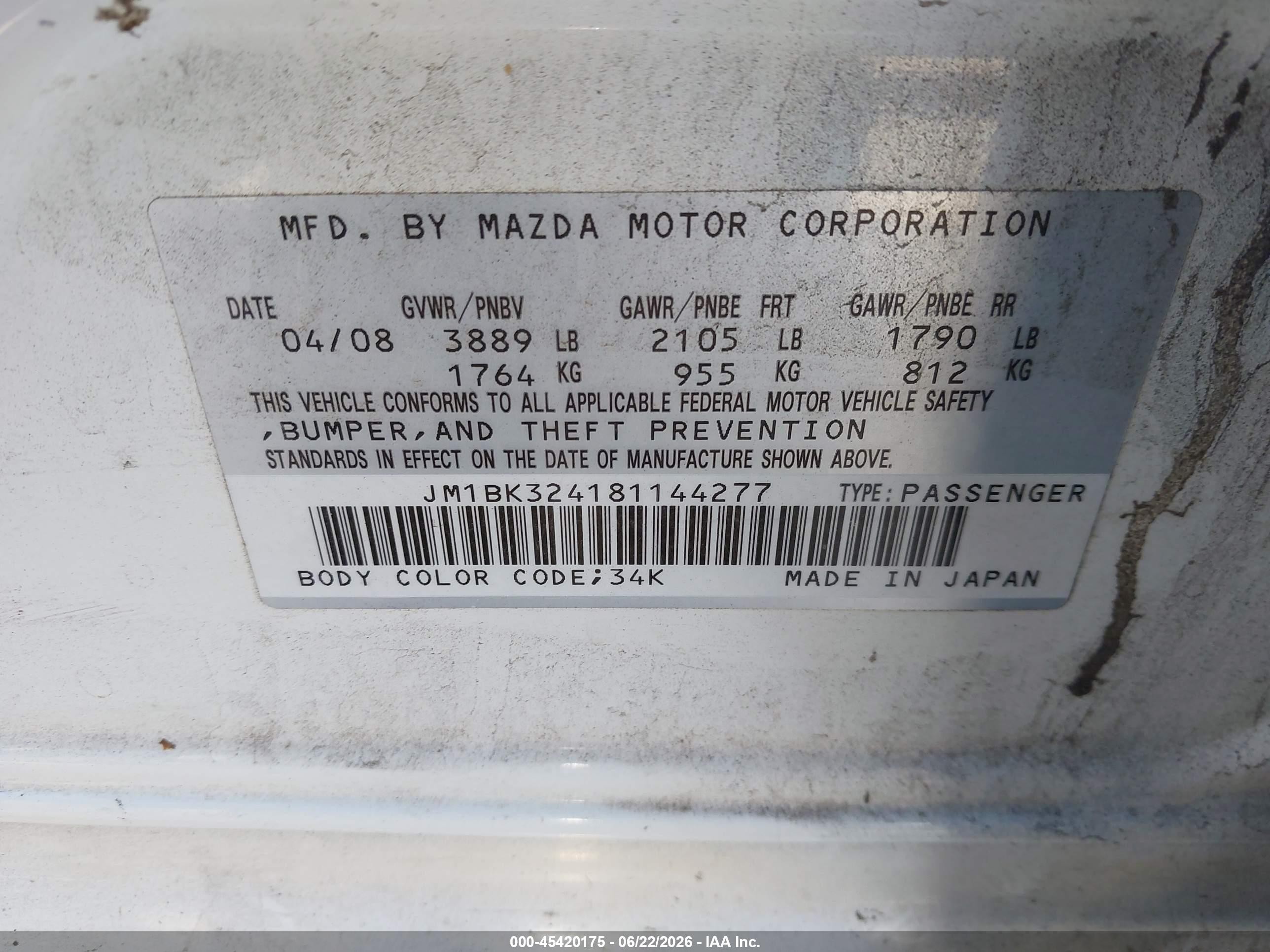 2008 Mazda Mazda3 S Grand Touring White vin: JM1BK324181144277