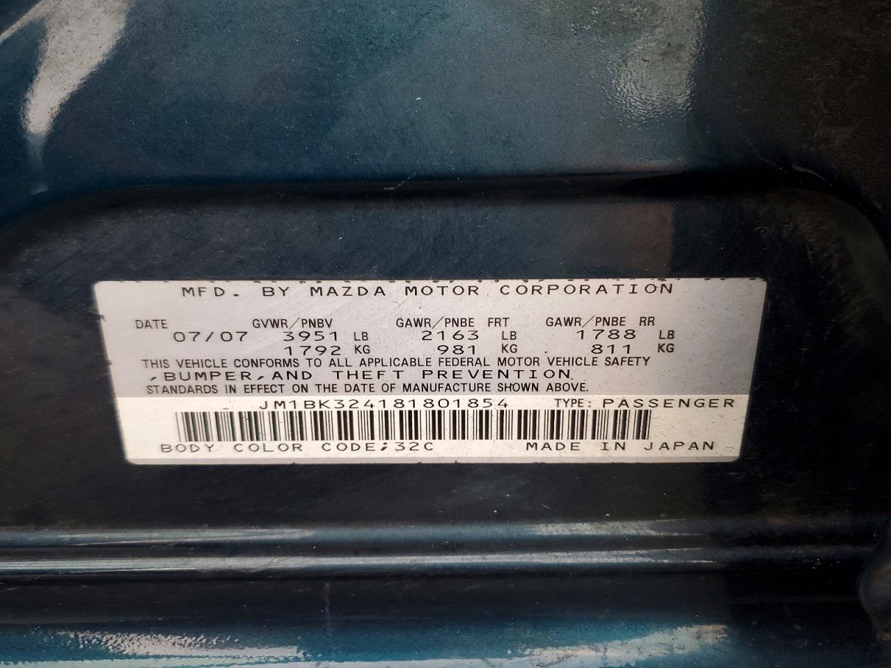 2008 Mazda 3 S Teal vin: JM1BK324181801854