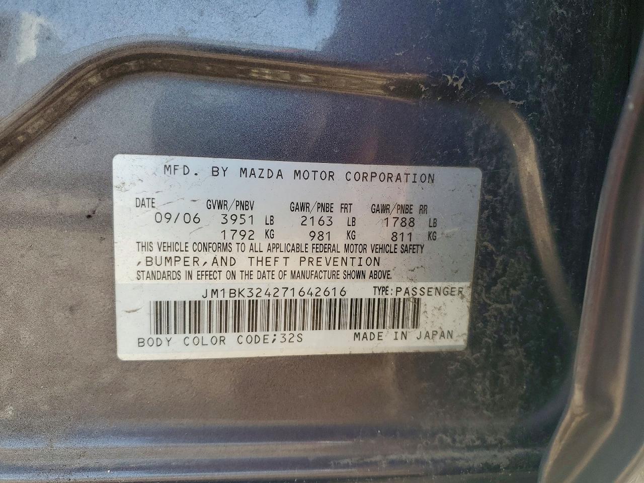 2007 Mazda 3 S Gray vin: JM1BK324271642616