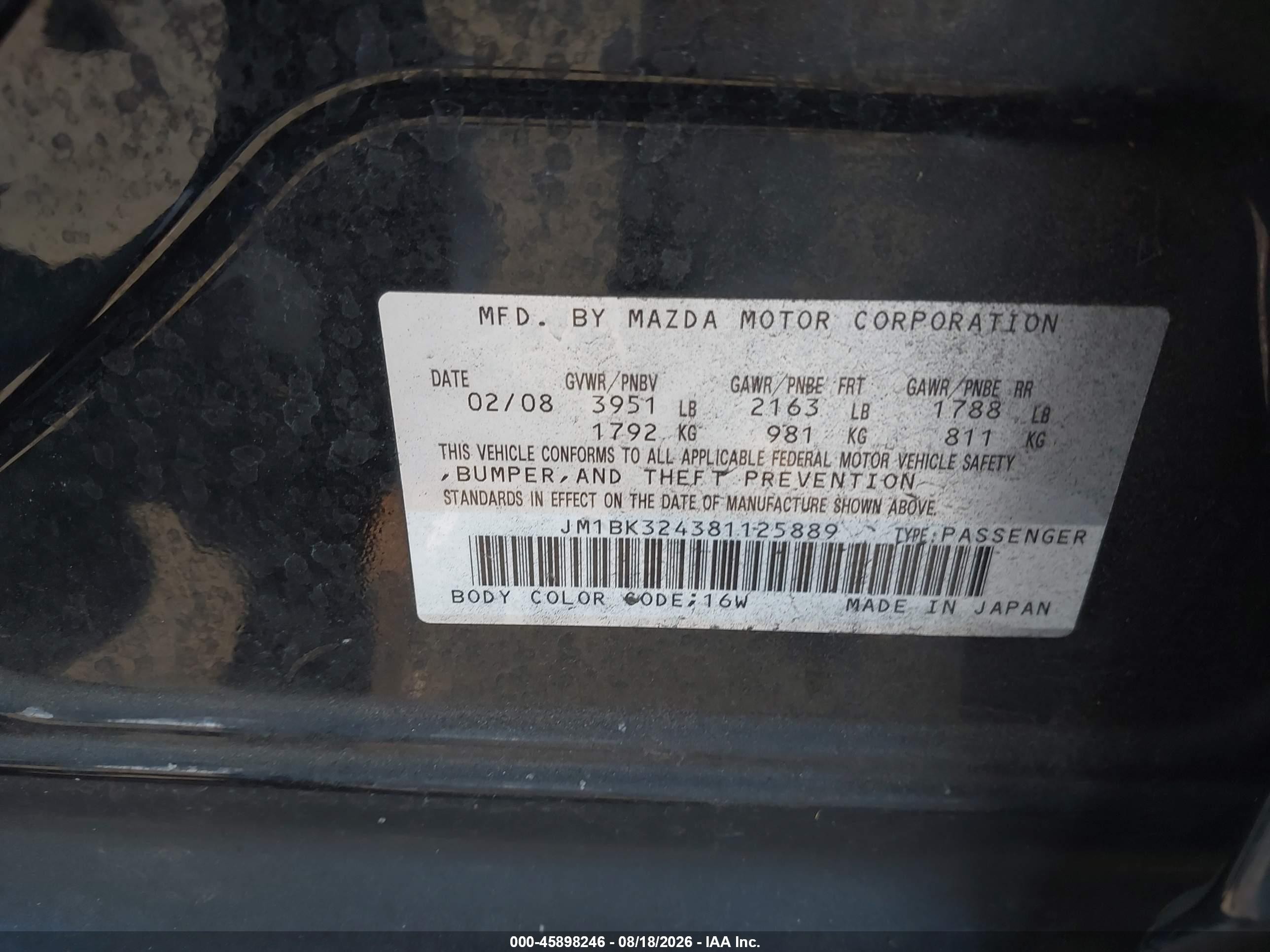 2008 Mazda Mazda3 S Grand Touring Black vin: JM1BK324381125889