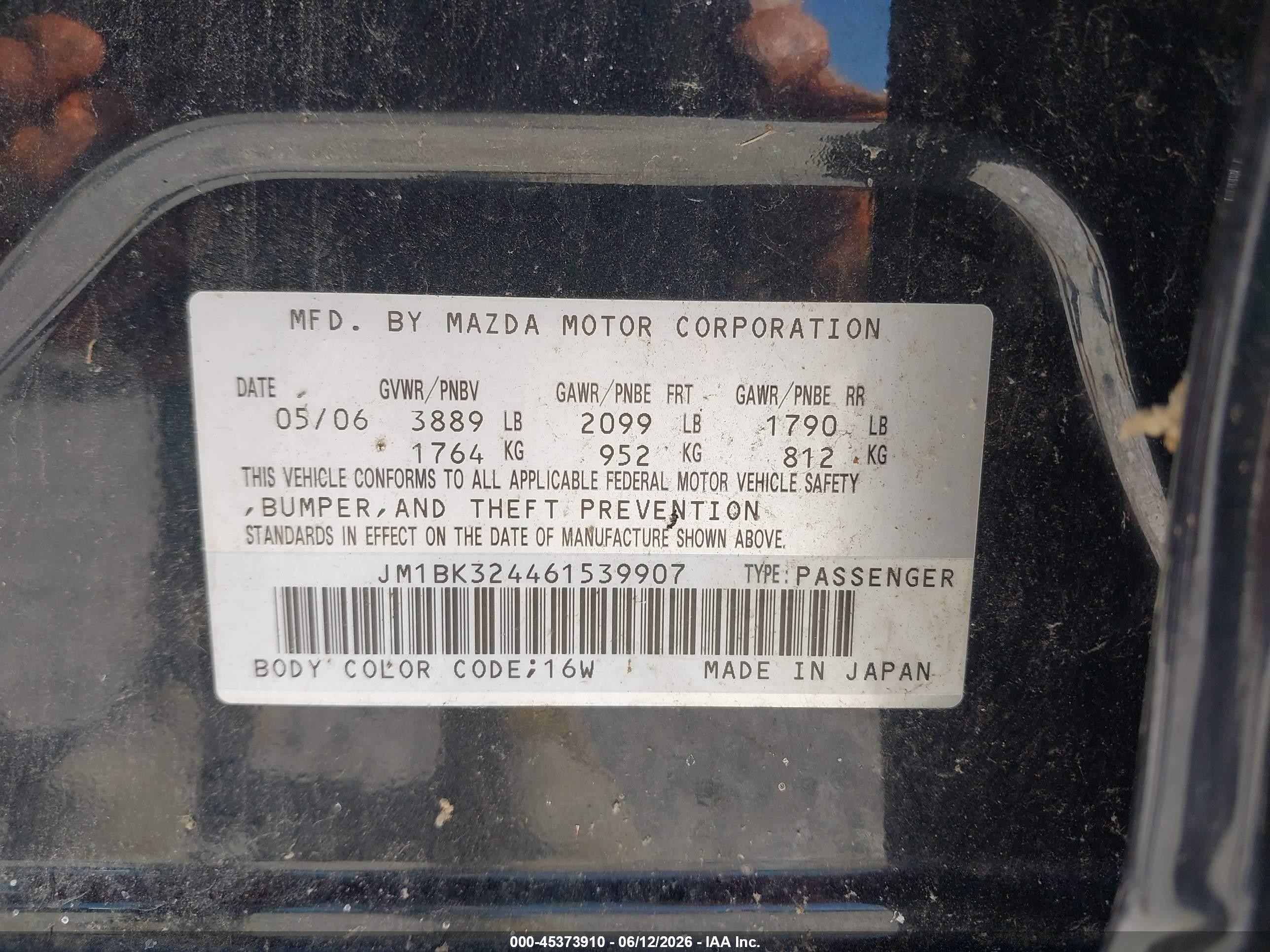 2006 Mazda Mazda3 S Touring Черный vin: JM1BK324461539907