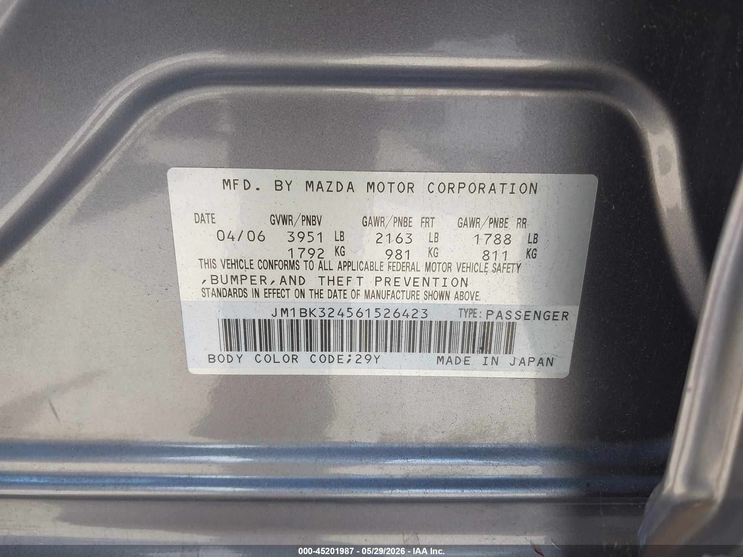 2006 Mazda Mazda3 S Touring Gray vin: JM1BK324561526423