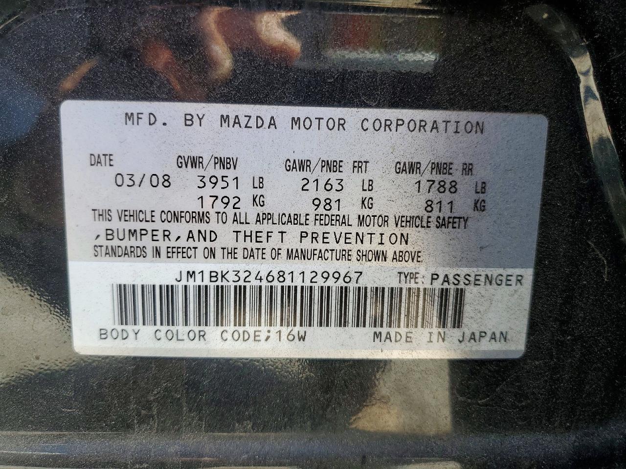 2008 Mazda 3 S Черный vin: JM1BK324681129967