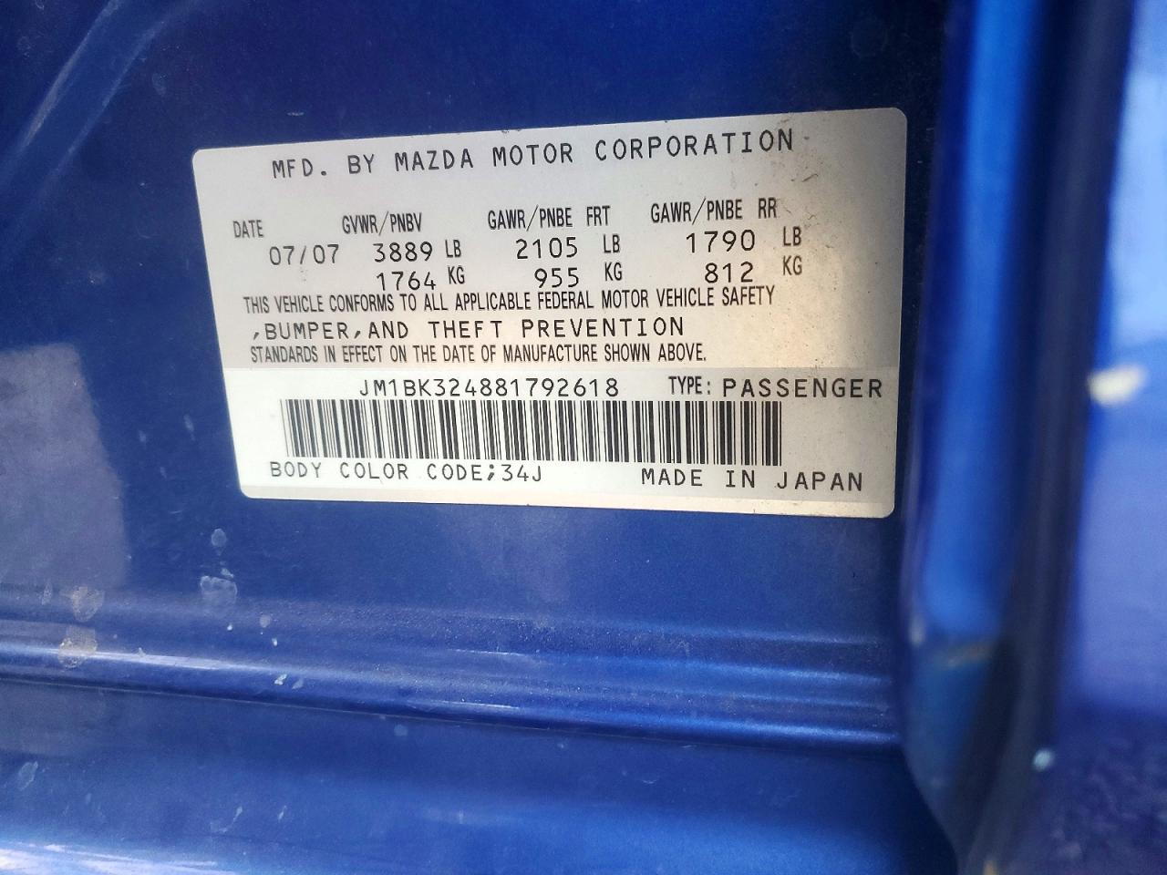 2008 Mazda 3 S Blue vin: JM1BK324881792618