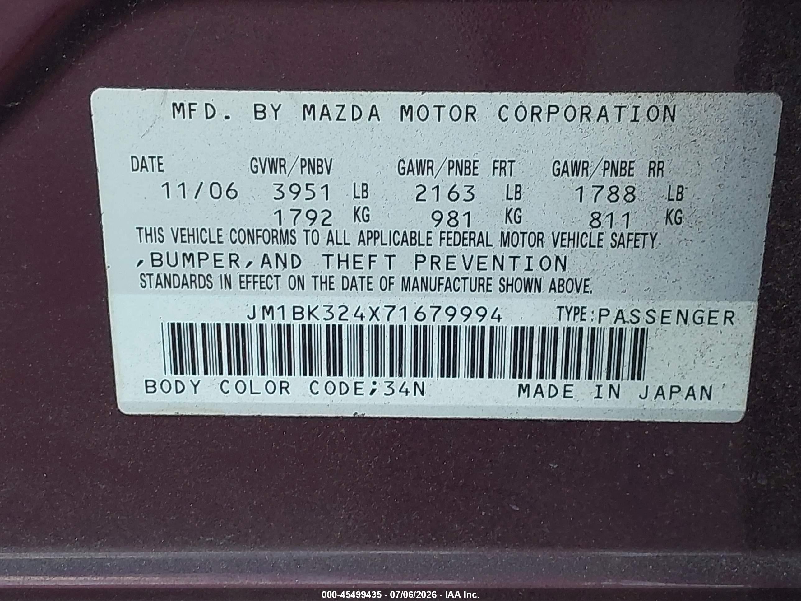 2007 Mazda Mazda3 S Grand Touring Purple vin: JM1BK324X71679994