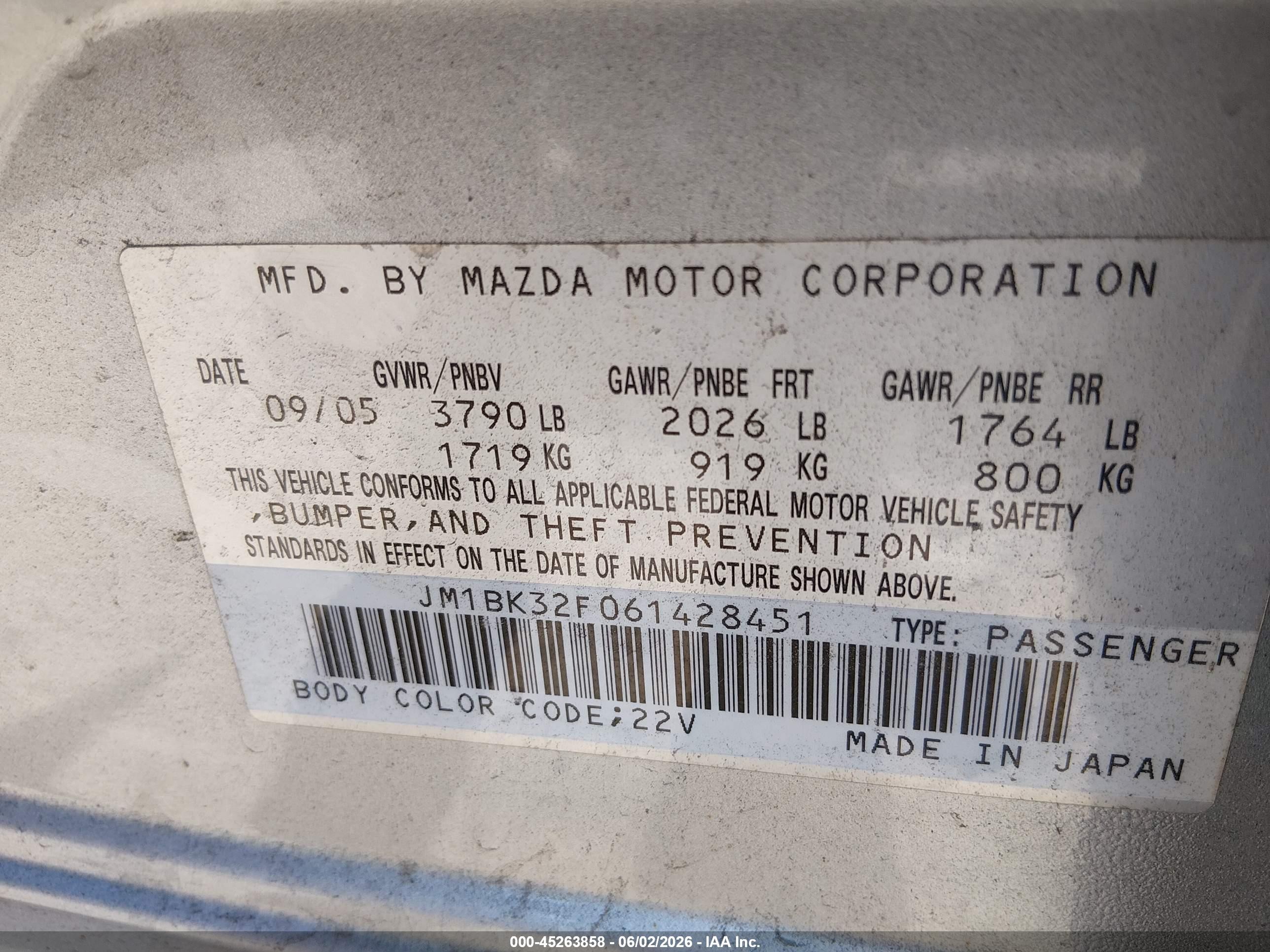 2006 Mazda Mazda3 I Silver vin: JM1BK32F061428451