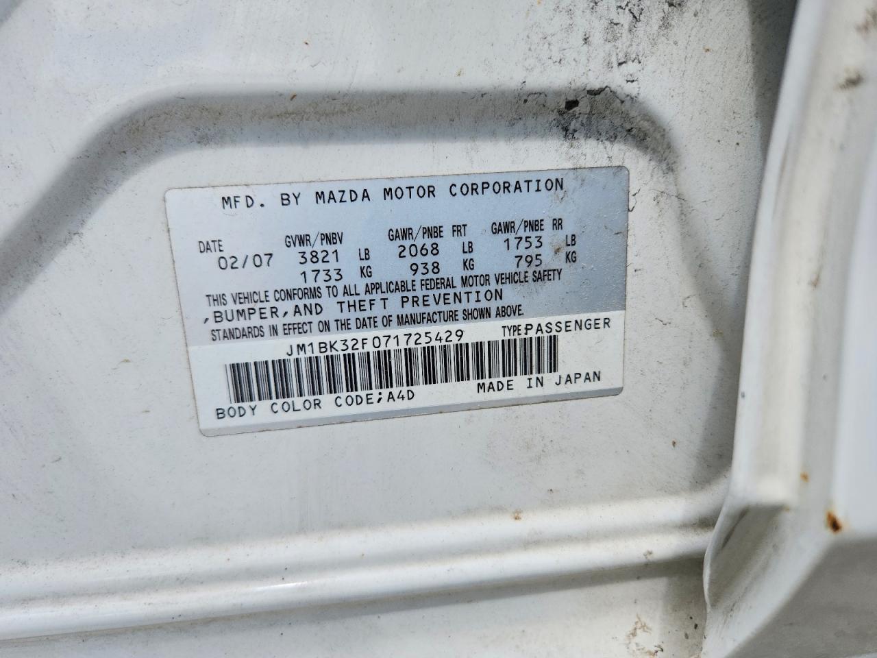 2007 Mazda 3 I White vin: JM1BK32F071725429