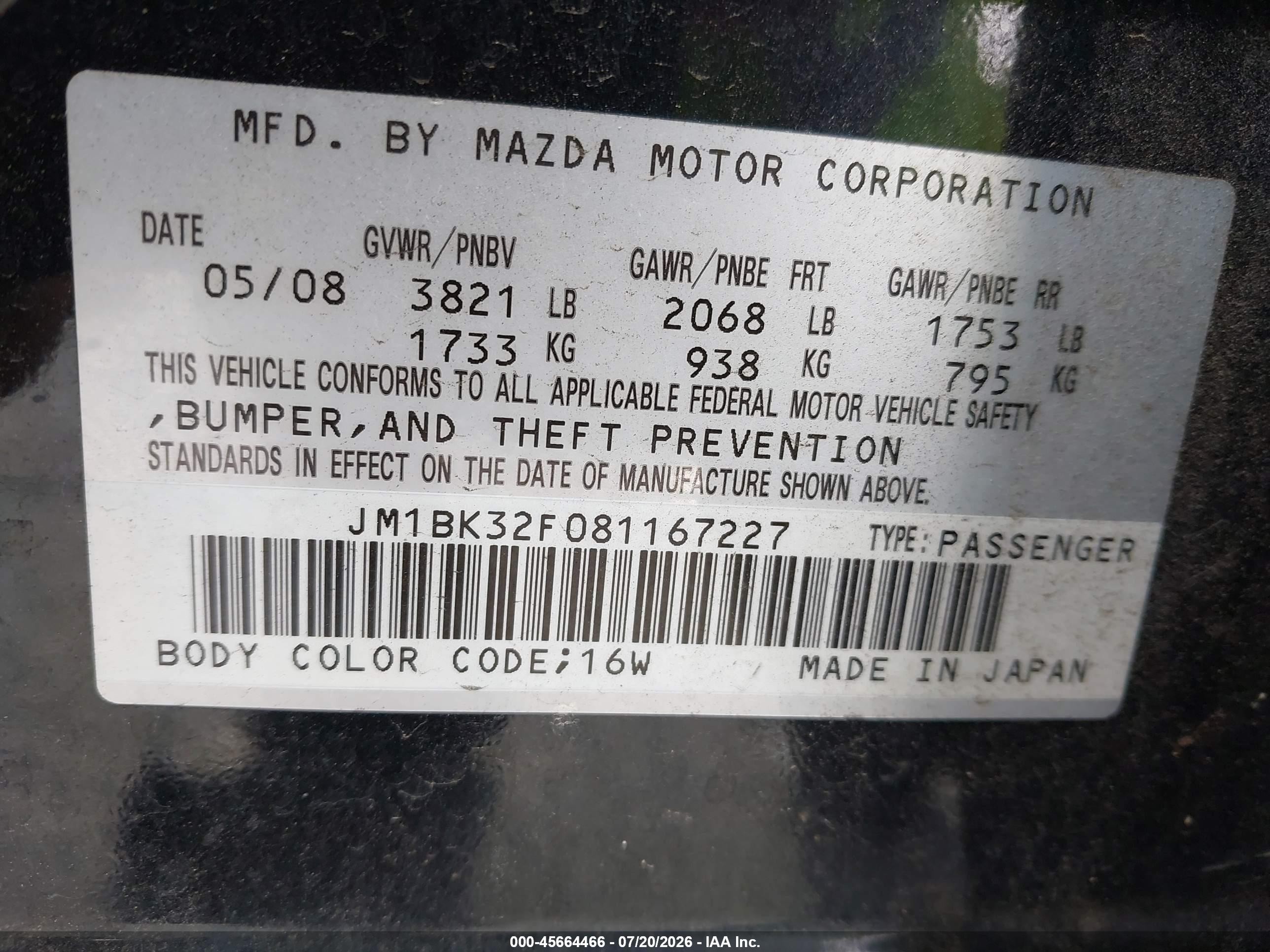 2008 Mazda Mazda3 I Touring Value Black vin: JM1BK32F081167227