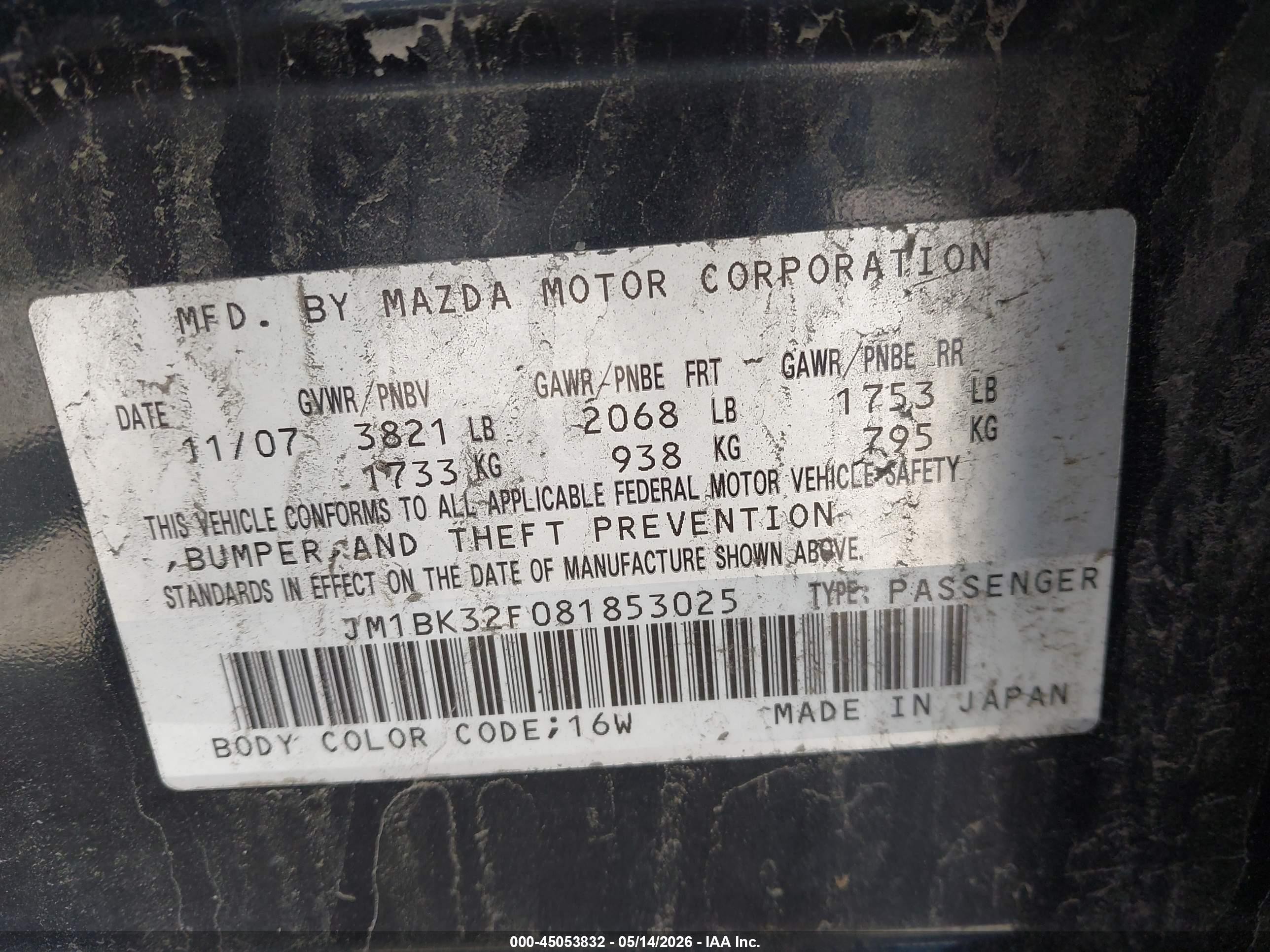 2008 Mazda Mazda3 I Black vin: JM1BK32F081853025