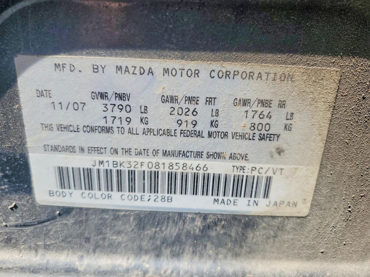 2008 Mazda 3 I Charcoal vin: JM1BK32F081858466
