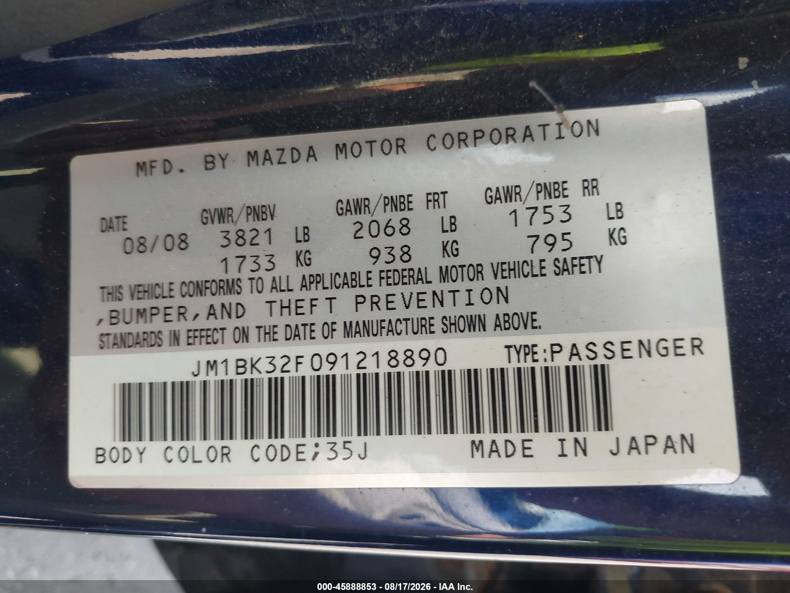 2009 Mazda Mazda3 I Blue vin: JM1BK32F091218890