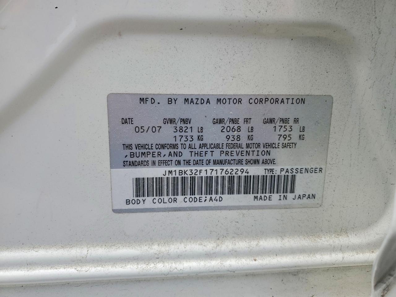 2007 Mazda 3 I White vin: JM1BK32F171762294