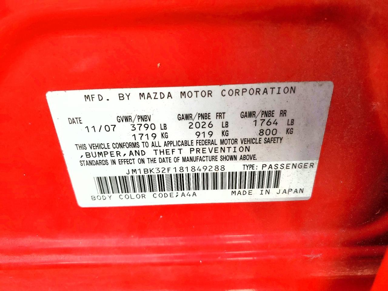 2008 Mazda 3 I Red vin: JM1BK32F181849288