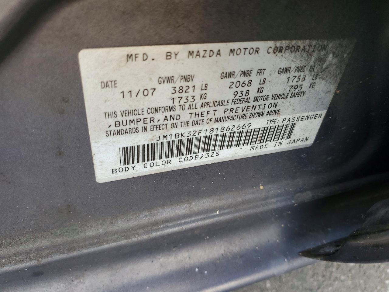2008 Mazda 3 I Gray vin: JM1BK32F181862669