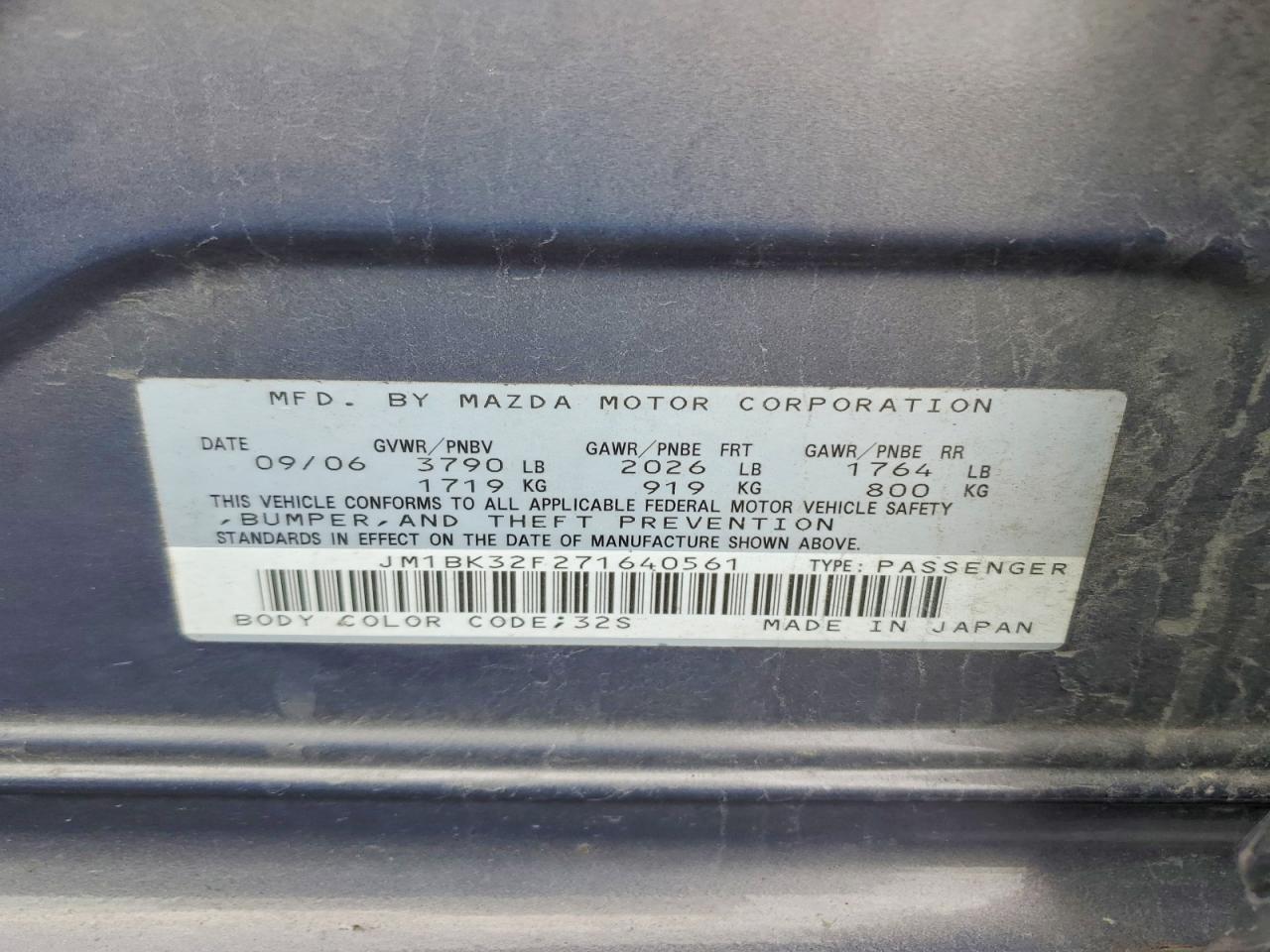 2007 Mazda 3 I Gray vin: JM1BK32F271640561