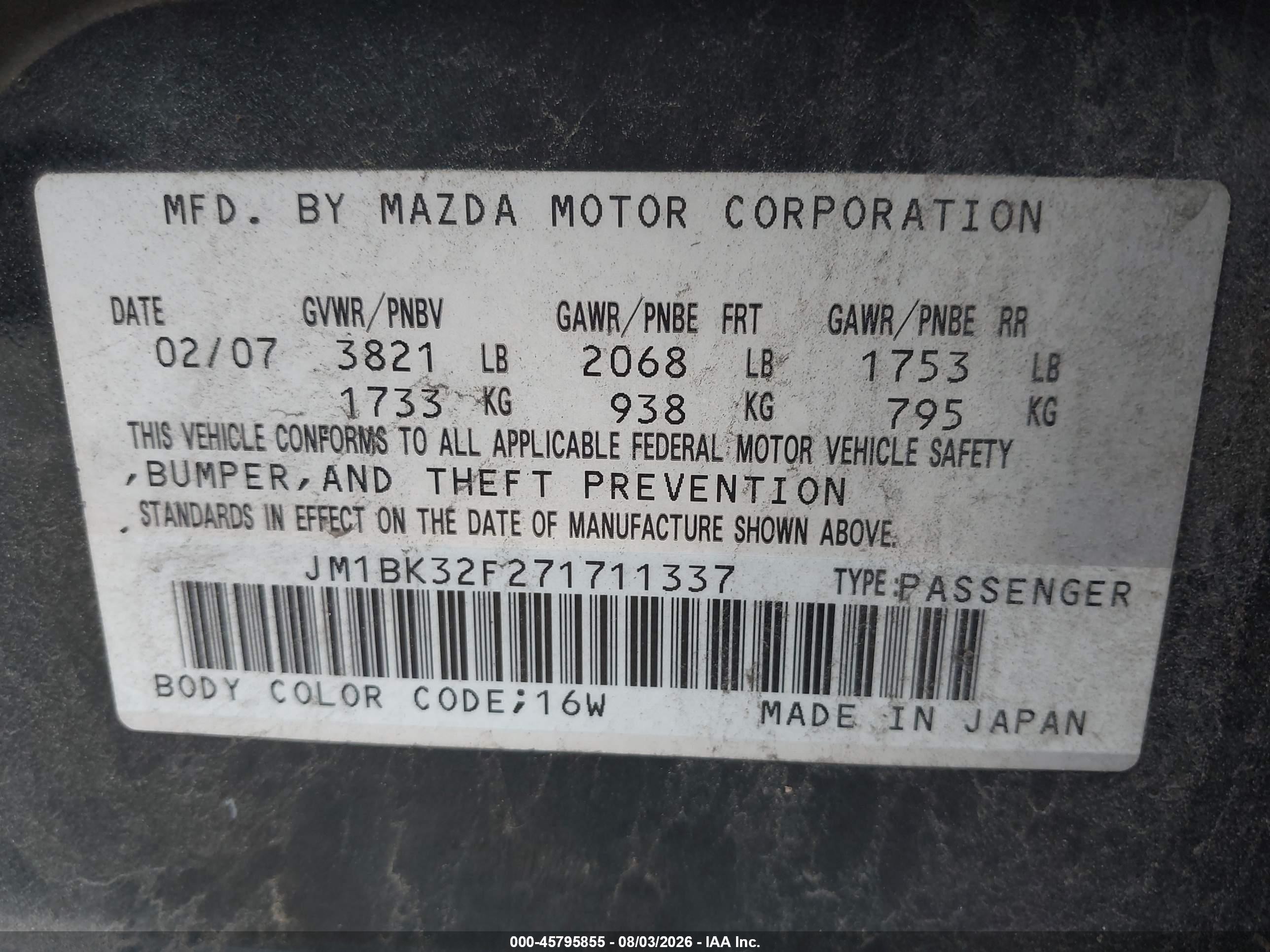2007 Mazda Mazda3 I Black vin: JM1BK32F271711337