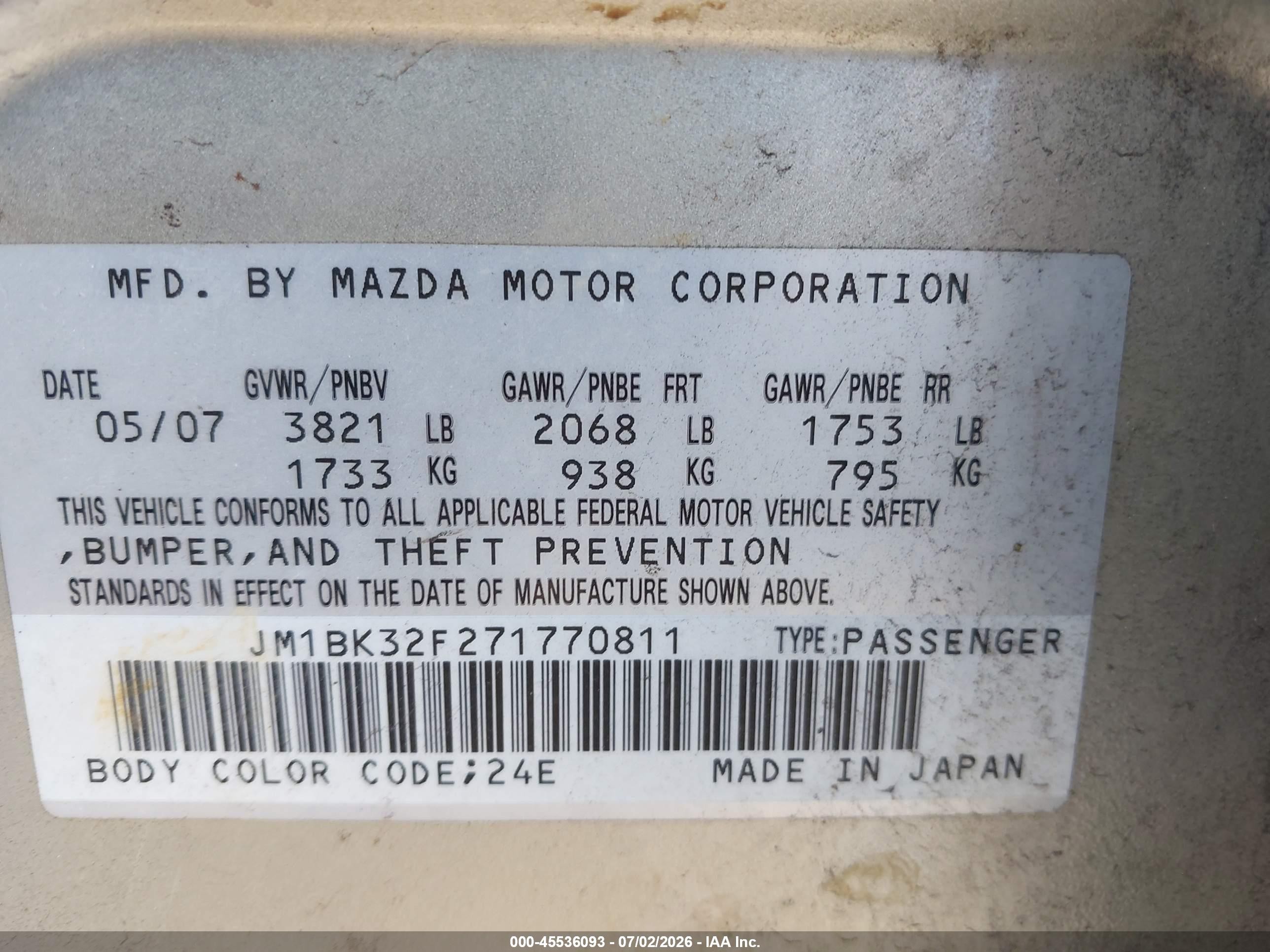 2007 Mazda Mazda3 I Silver vin: JM1BK32F271770811