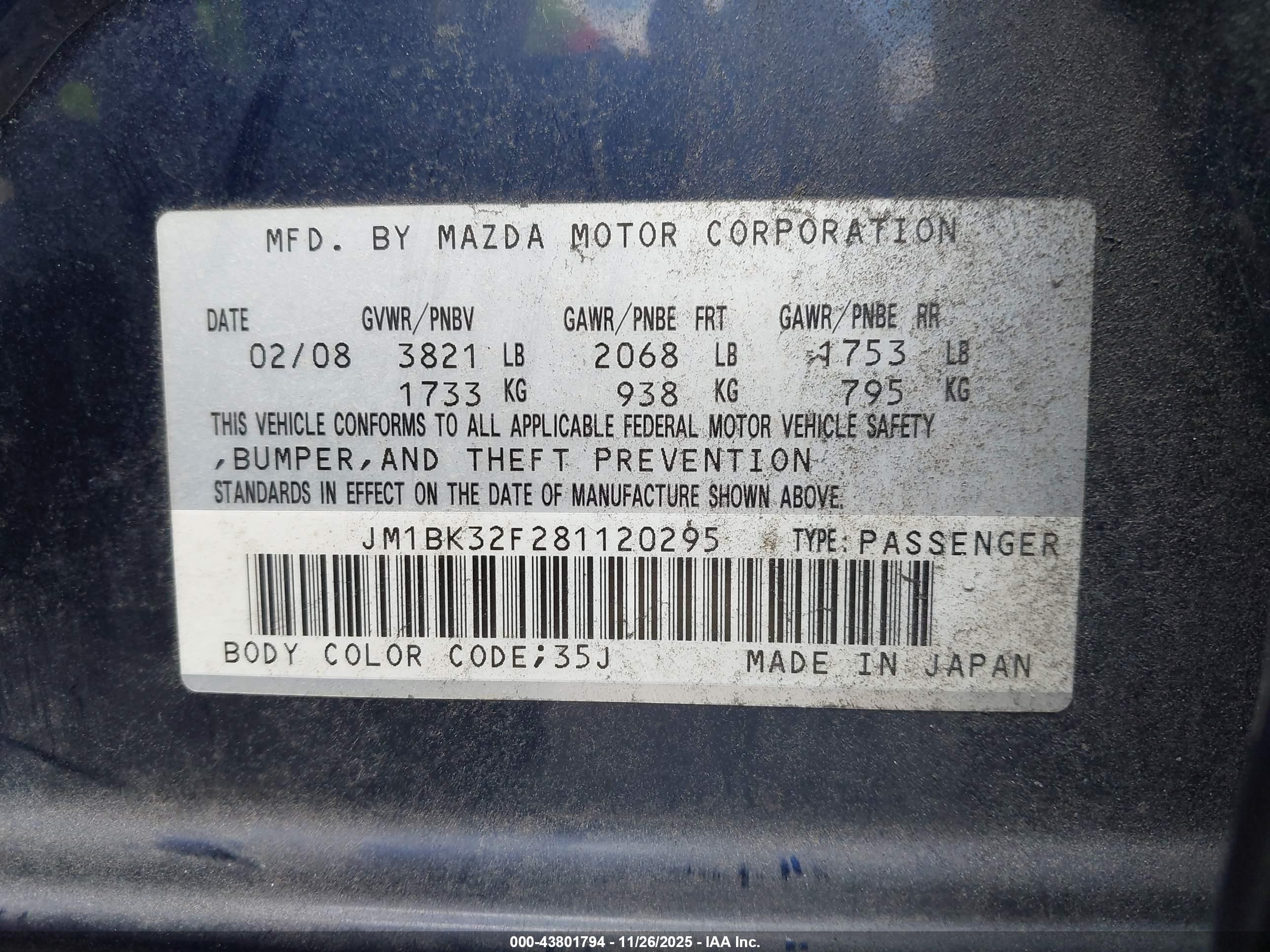 2008 Mazda Mazda3 I Touring Value Dark Blue vin: JM1BK32F281120295