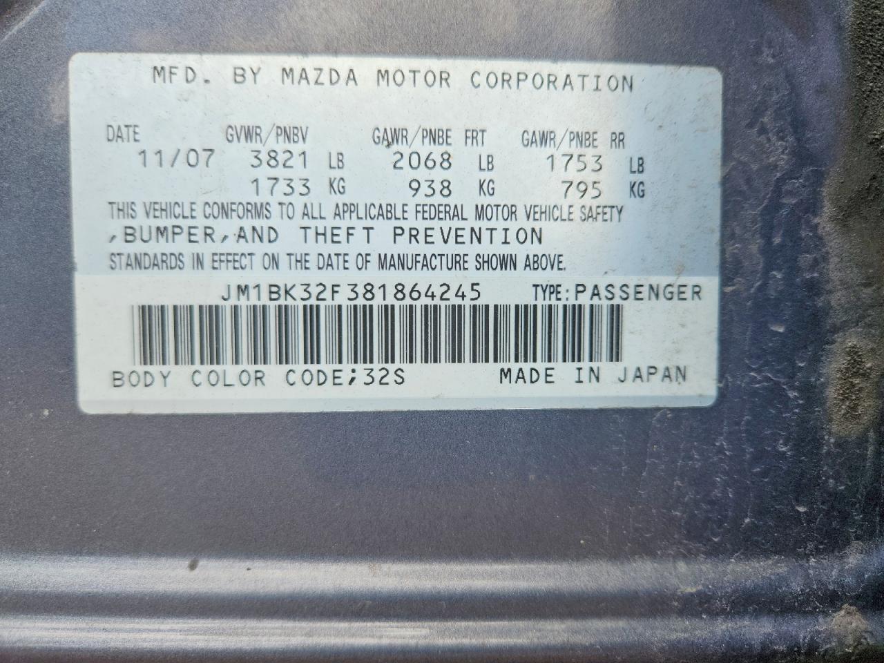 2008 Mazda 3 I Gray vin: JM1BK32F381864245
